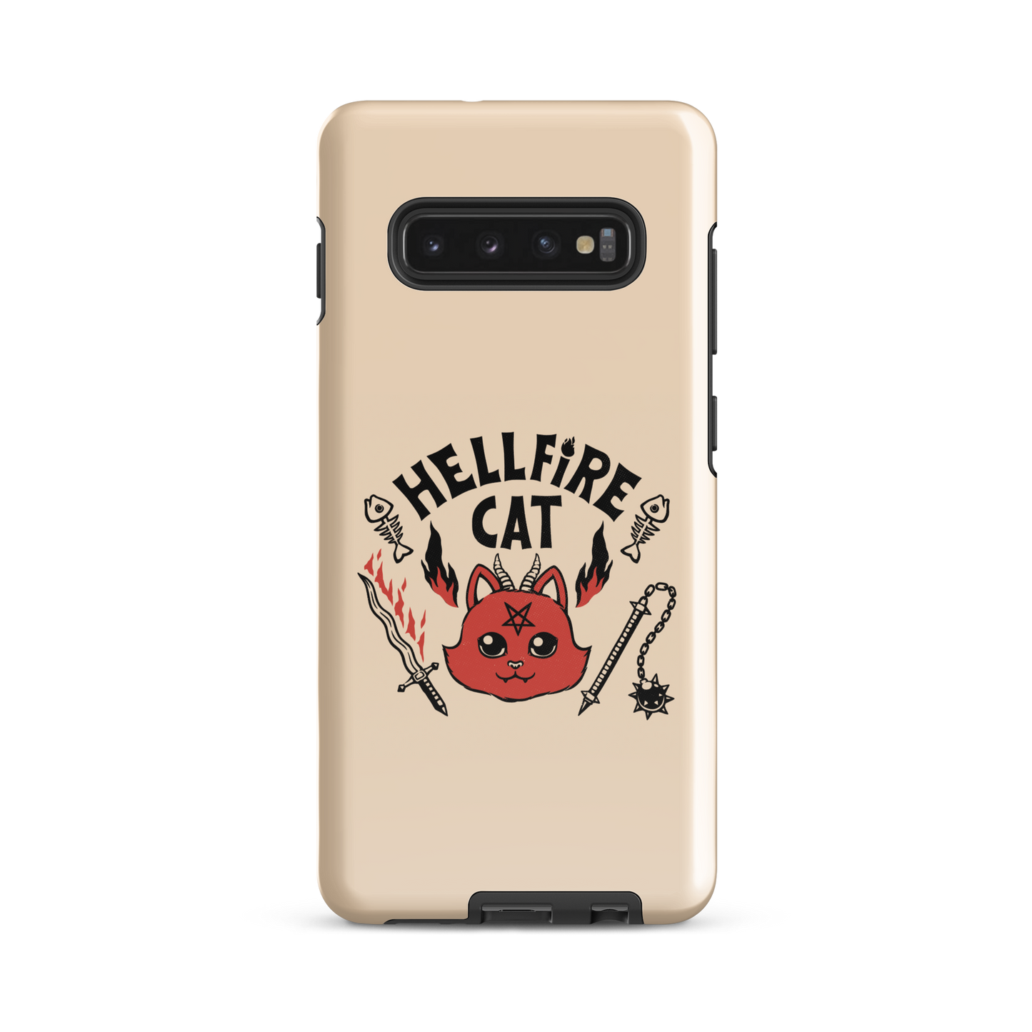 Vintage-style illustration of a cute red devil cat with small horns and a pentagram on its forehead, surrounded by flames, weapons, fish skeletons, and the bold phrase “Hellfire Cat” in a playful gothic design.