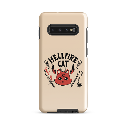 Vintage-style illustration of a cute red devil cat with small horns and a pentagram on its forehead, surrounded by flames, weapons, fish skeletons, and the bold phrase “Hellfire Cat” in a playful gothic design.