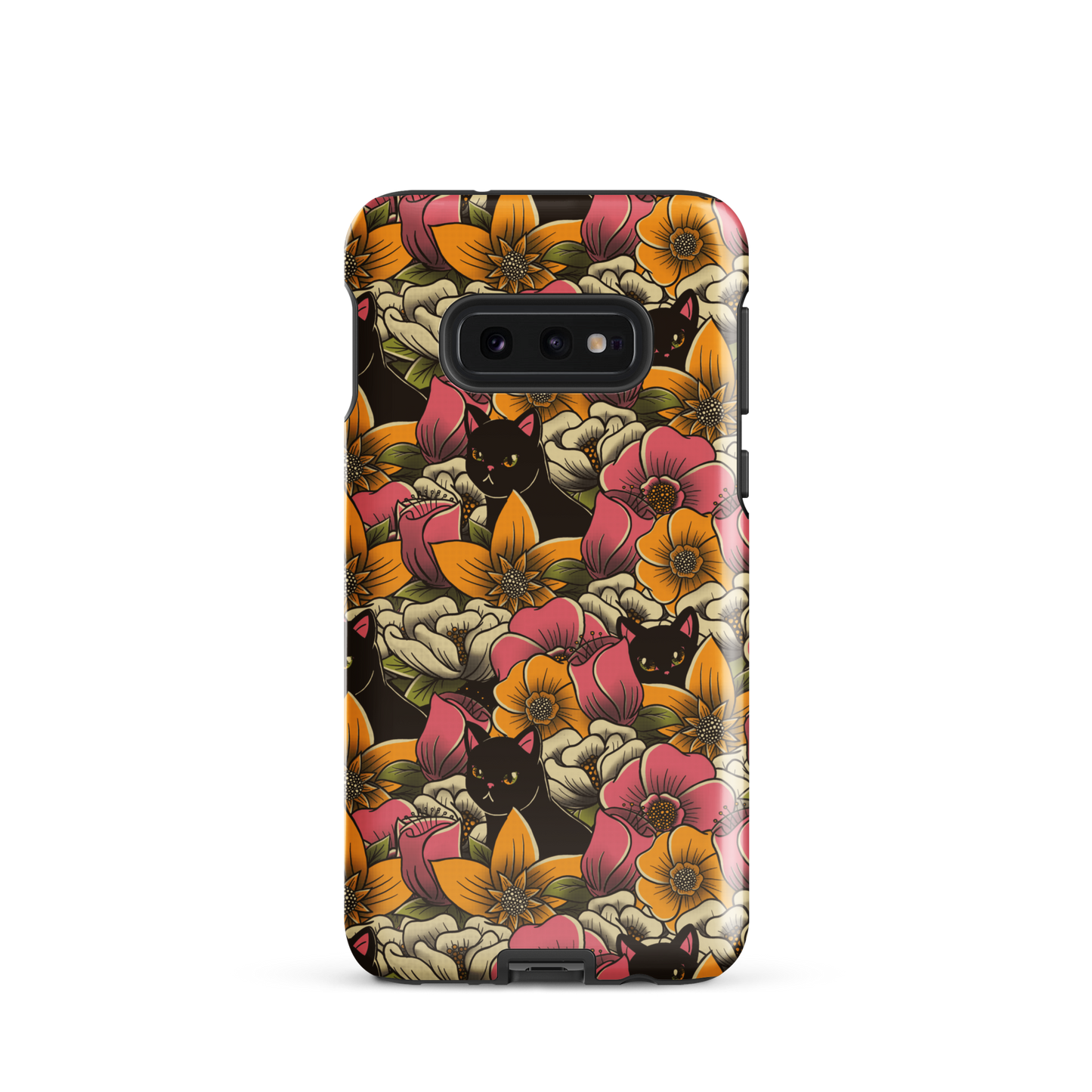 The image features a repeating pattern of colorful flowers in pink, yellow, and cream hues with lush green foliage. Interspersed among the flowers are playful black cats with bright eyes. The design has a whimsical and vibrant feel, ideal for various products like t-shirts, stickers, coffee cups, and skateboards. The style is reminiscent of traditional floral art blended with playful elements of animal decor.