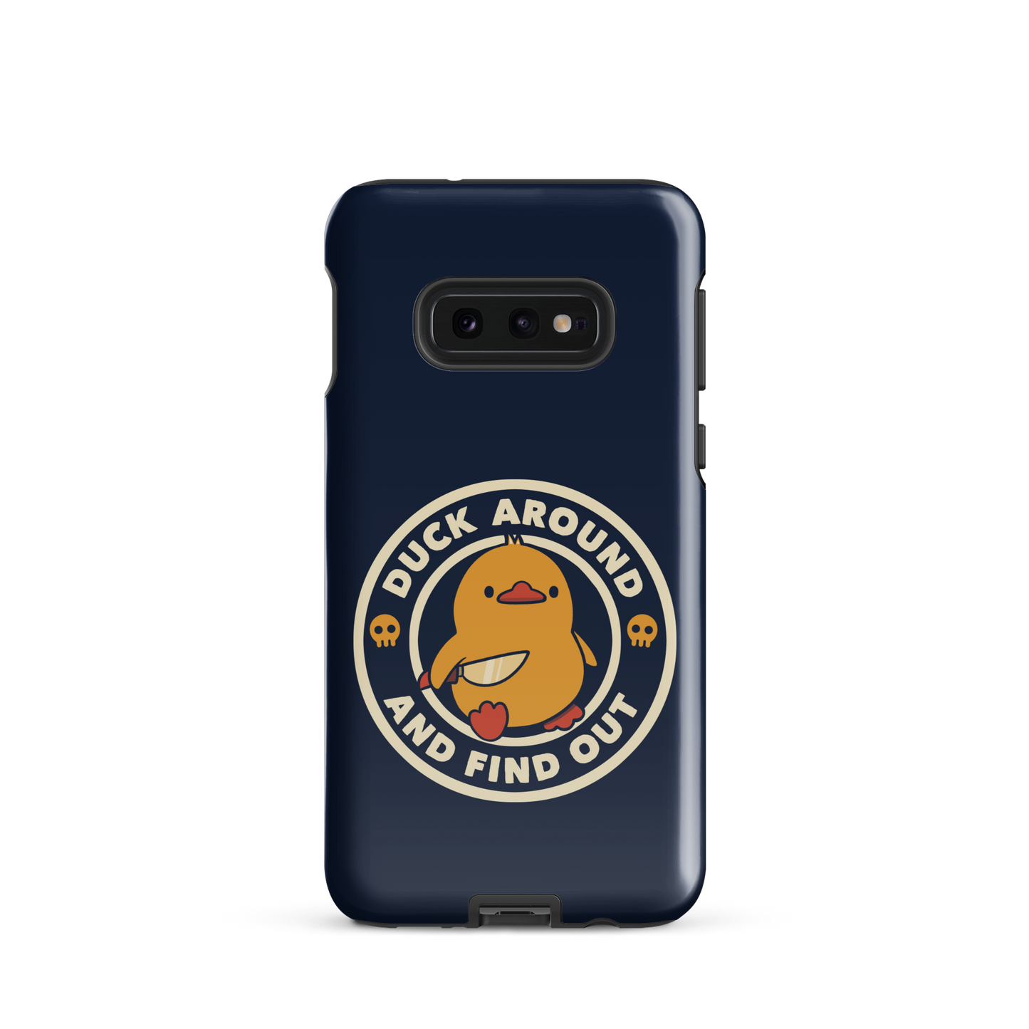 A cute yellow duck holding a small knife, around it the text "Duck Around And Find Out". An art that mixes humor with the temperament of ducks.