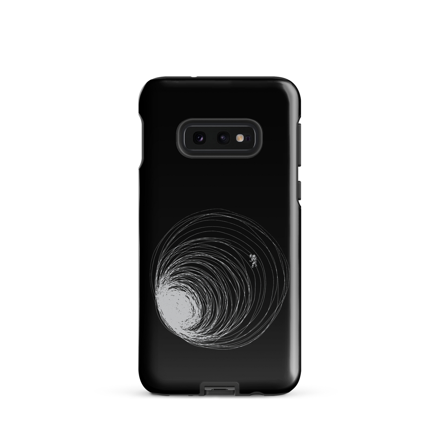 A big black hole with an astronaut floating around as if being sucked into it. A minimalist art perfect for those who love space.