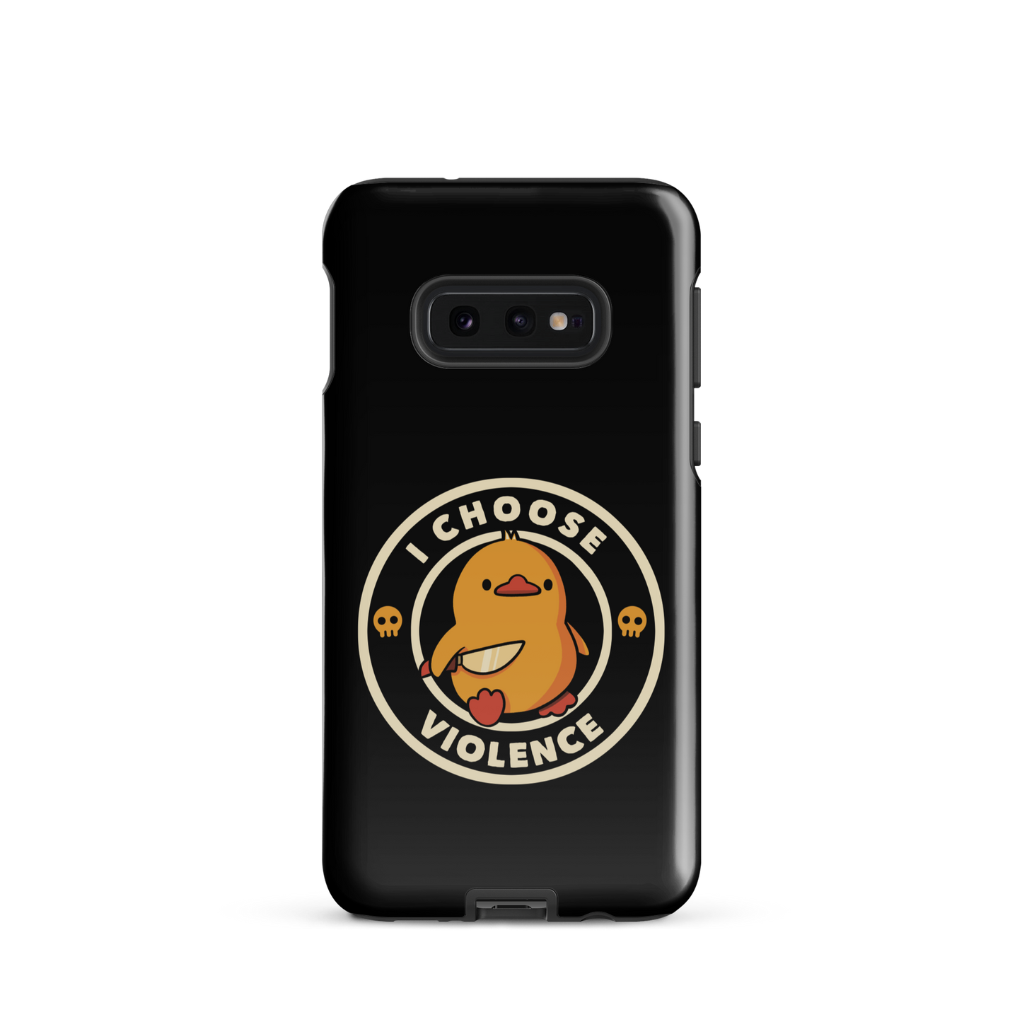 A cute, cartoon-style yellow duckling stands confidently holding a large knife in its wing. The duckling is encircled by text saying 'I CHOOSE VIOLENCE' in bold white letters. Small skull symbols flank the chick on either side, adding a touch of humor and irony to the otherwise adorable drawing.