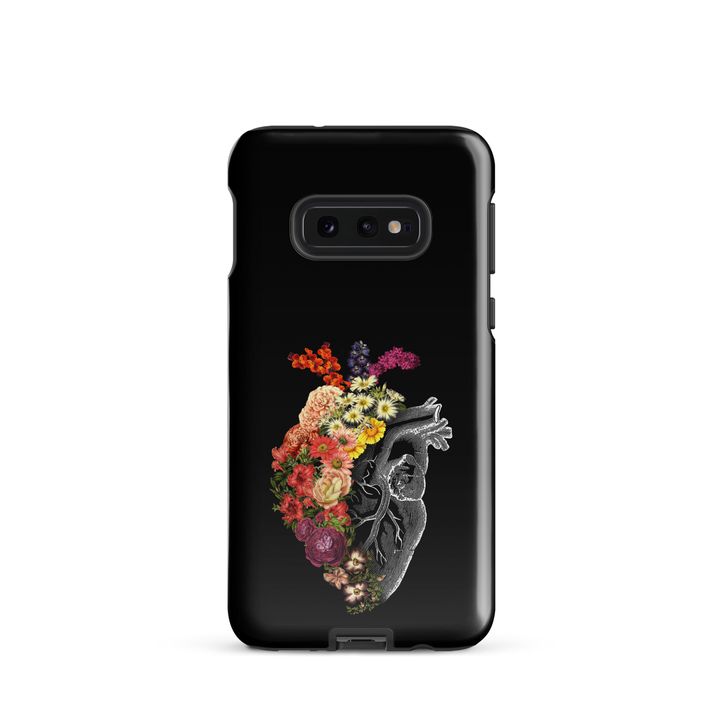 The design is an intricate and anatomical drawing of a human heart on a black background. The left side of the heart morphs into a vibrant assortment of colorful flowers, including roses, daisies, and other blooming blossoms, creating a striking contrast between the realistic and the surreal, symbolizing the harmony between nature and humanity.
