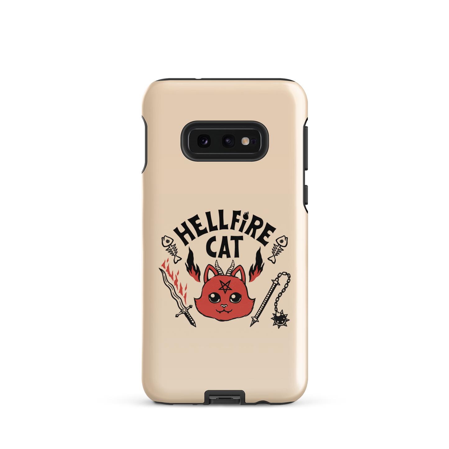 Vintage-style illustration of a cute red devil cat with small horns and a pentagram on its forehead, surrounded by flames, weapons, fish skeletons, and the bold phrase “Hellfire Cat” in a playful gothic design.