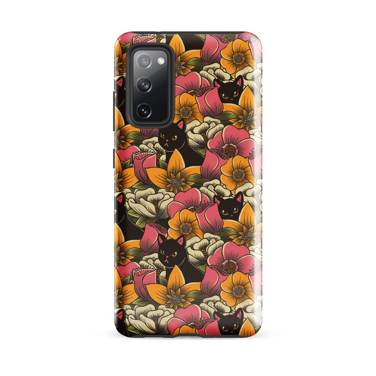 The image features a repeating pattern of colorful flowers in pink, yellow, and cream hues with lush green foliage. Interspersed among the flowers are playful black cats with bright eyes. The design has a whimsical and vibrant feel, ideal for various products like t-shirts, stickers, coffee cups, and skateboards. The style is reminiscent of traditional floral art blended with playful elements of animal decor.