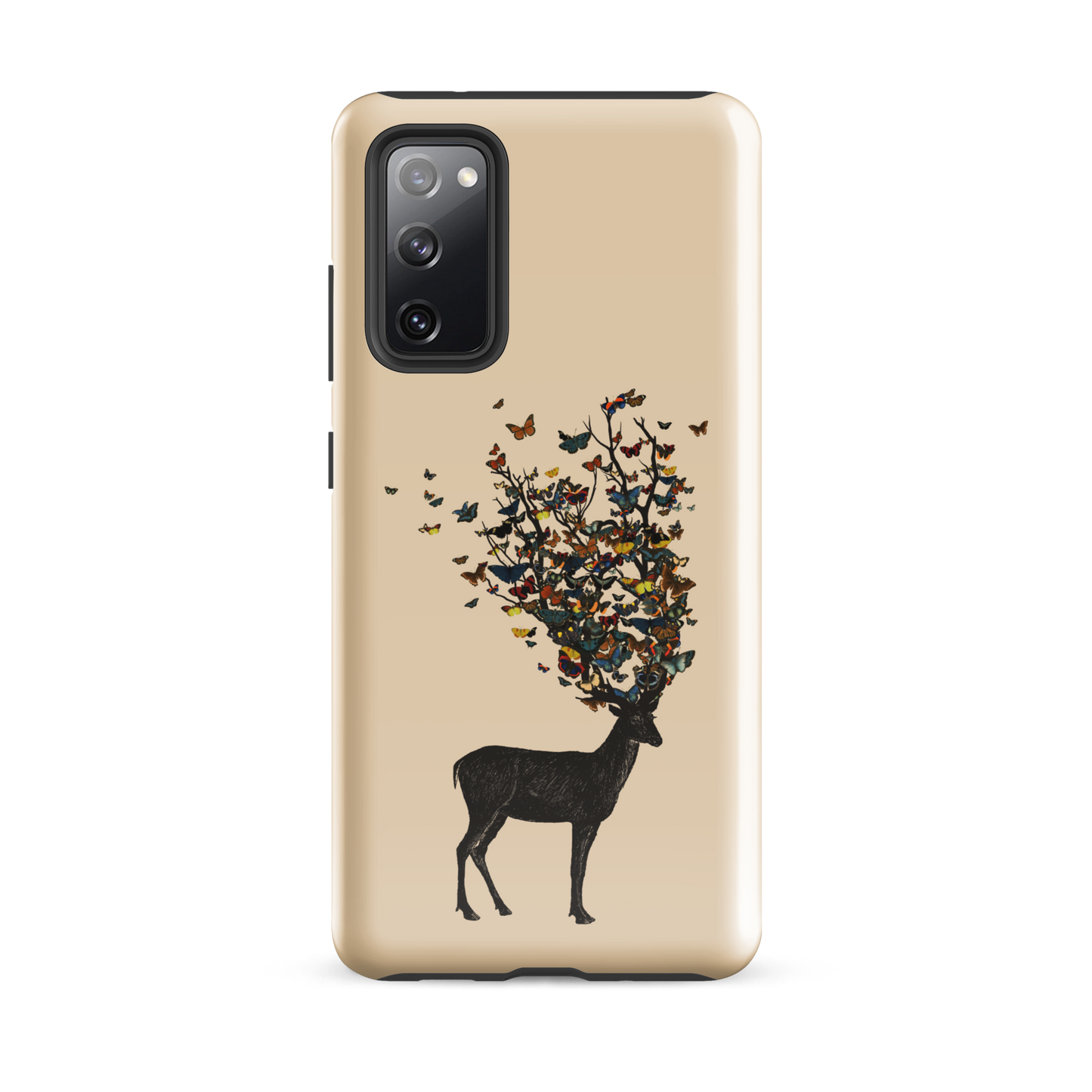 The image depicts a dark, silhouetted deer standing on a neutral background. Instead of branches, its antlers transform into a swirling cloud of vibrant, colorful butterflies that extend upwards and outward. The mix of organic and ethereal elements creates a captivating and whimsical visual contrast.