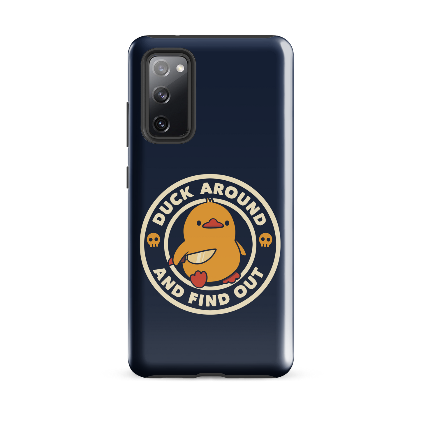 A cute yellow duck holding a small knife, around it the text "Duck Around And Find Out". An art that mixes humor with the temperament of ducks.