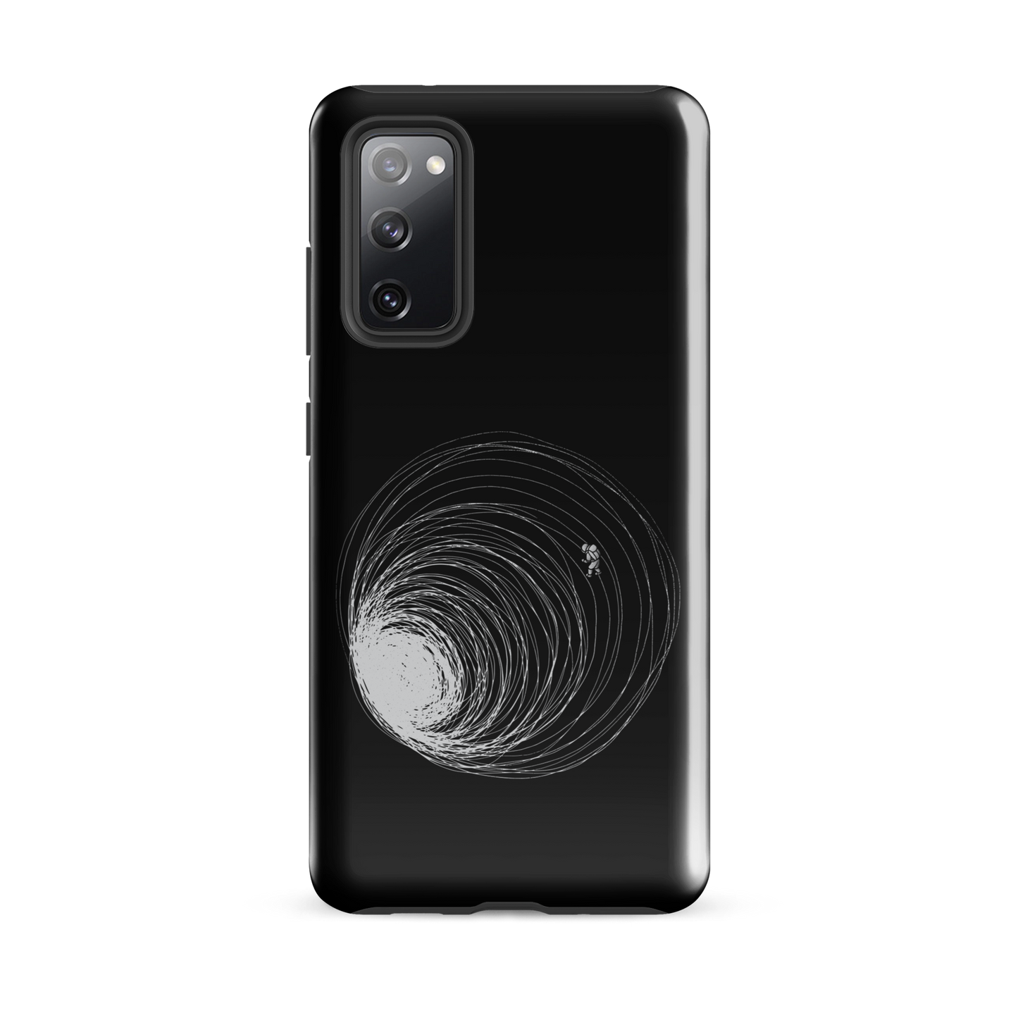 A big black hole with an astronaut floating around as if being sucked into it. A minimalist art perfect for those who love space.