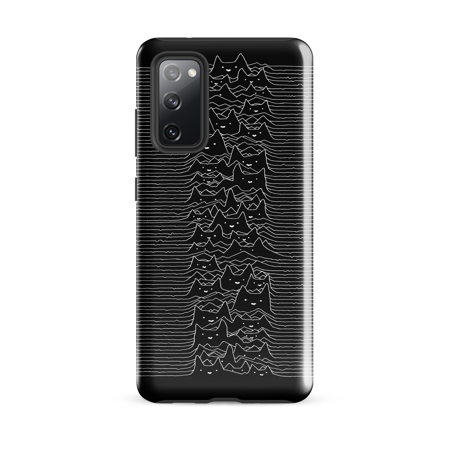 The drawing is a series of continuous wavy lines forming a pattern reminiscent of sound waves or topographic maps, but with an unexpected twist: the lines create the shapes of numerous cat faces stacked vertically. Each cat has simple, expressive features with pointed ears, adding a whimsical element to the otherwise structured pattern.