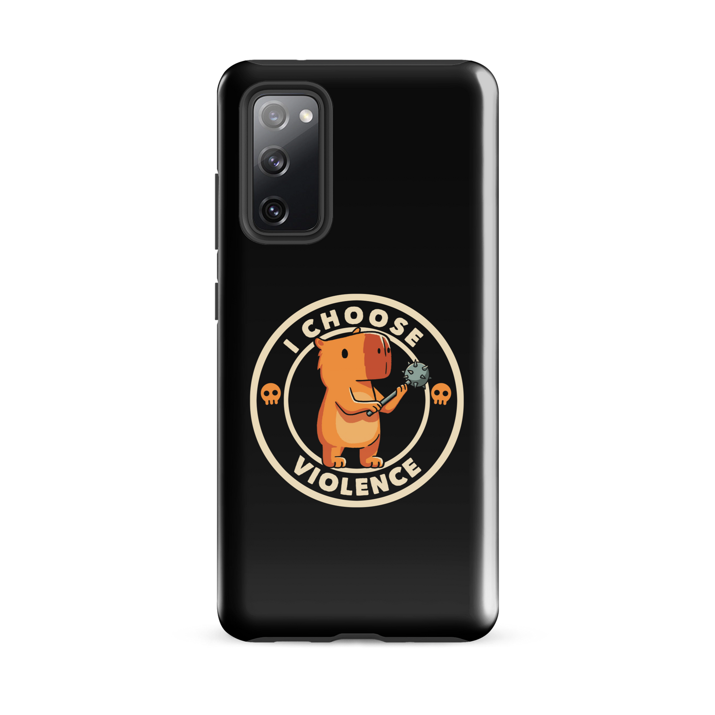 A cute, cartoonish burnt yellow capybara stands holding a spiked mace with a determined expression. Surrounding it is a circular design with the text 'I CHOOSE VIOLENCE' and two small skulls on either side, giving it a humorous yet ironic tone.