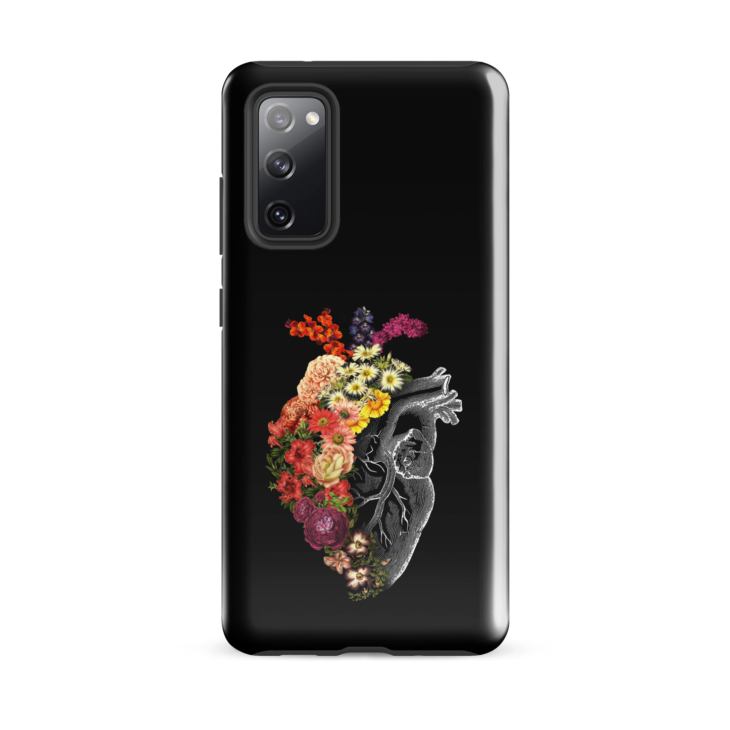 The design is an intricate and anatomical drawing of a human heart on a black background. The left side of the heart morphs into a vibrant assortment of colorful flowers, including roses, daisies, and other blooming blossoms, creating a striking contrast between the realistic and the surreal, symbolizing the harmony between nature and humanity.