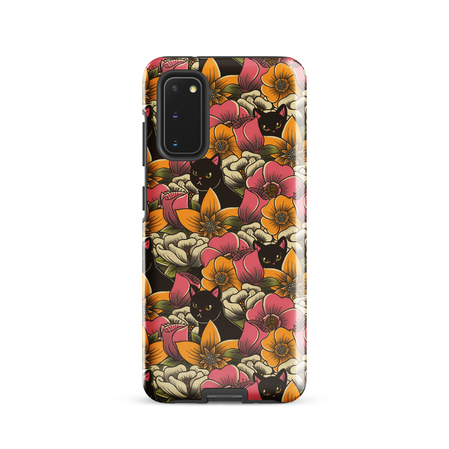 The image features a repeating pattern of colorful flowers in pink, yellow, and cream hues with lush green foliage. Interspersed among the flowers are playful black cats with bright eyes. The design has a whimsical and vibrant feel, ideal for various products like t-shirts, stickers, coffee cups, and skateboards. The style is reminiscent of traditional floral art blended with playful elements of animal decor.