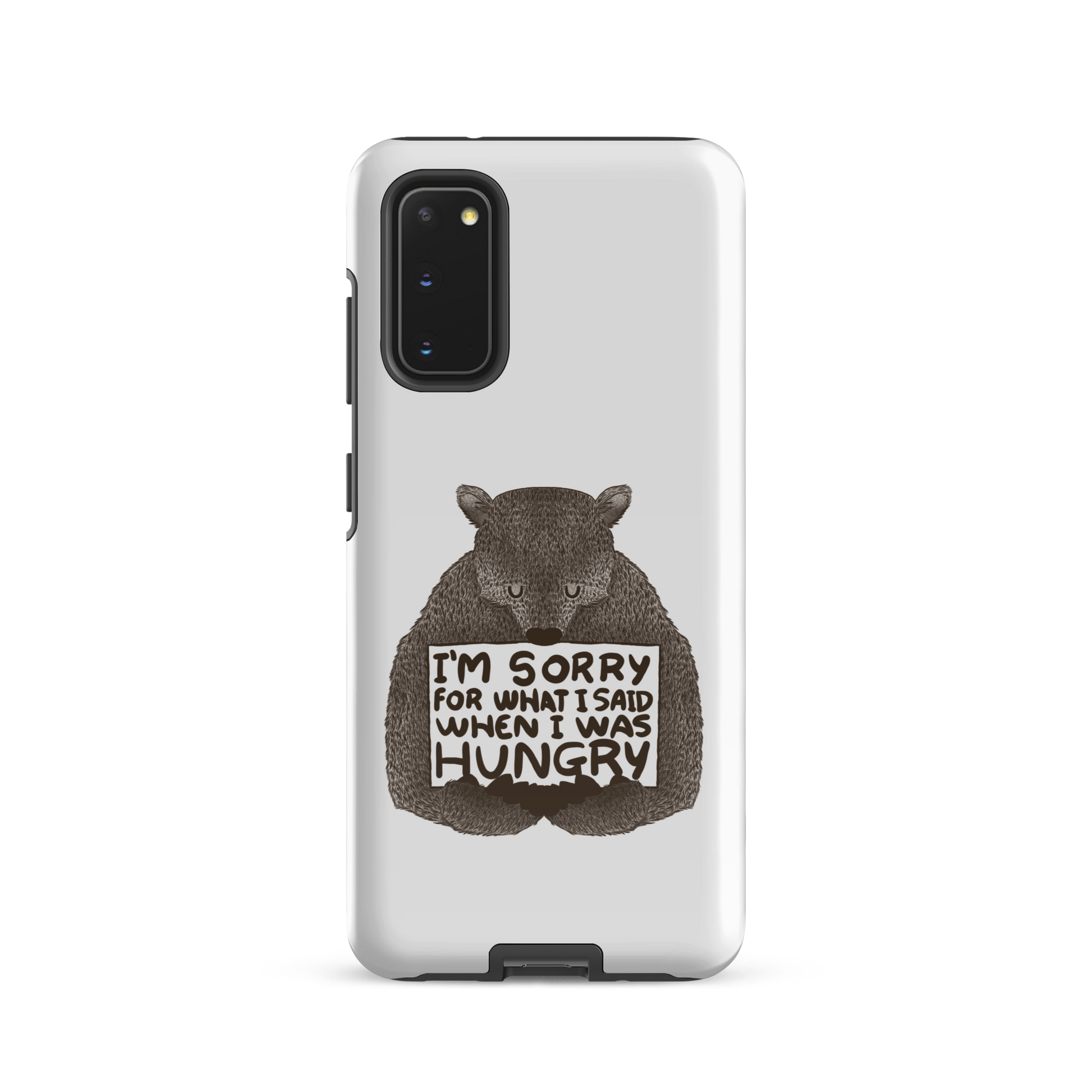 The image shows a humorous, detailed illustration of a bear, drawn in a hand-drawn style, holding a sign that reads 'I'm sorry for what I said when I was hungry.' The bear appears to be apologizing in a comical, endearing manner, making it a relatable and light-hearted design.