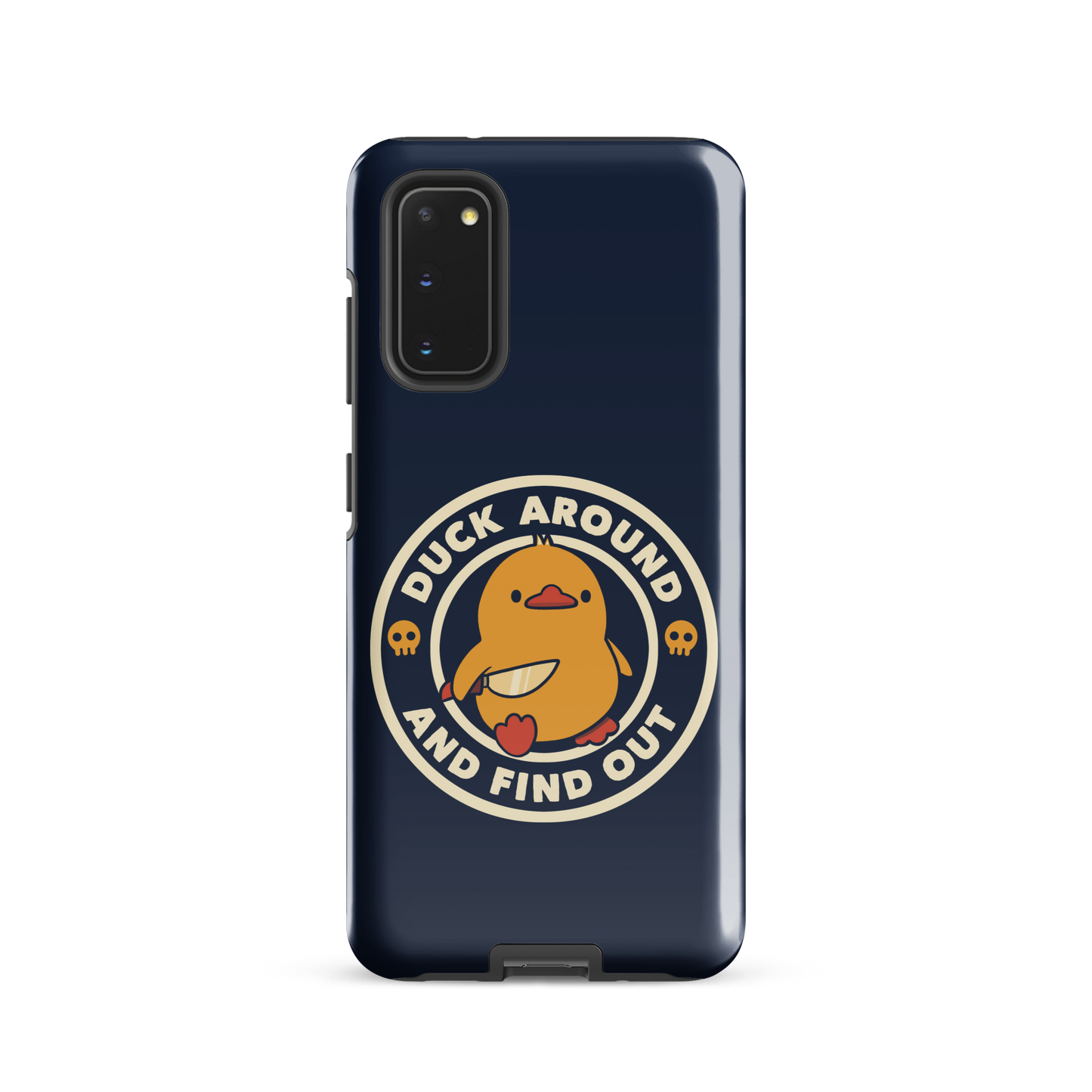 A cute yellow duck holding a small knife, around it the text "Duck Around And Find Out". An art that mixes humor with the temperament of ducks.