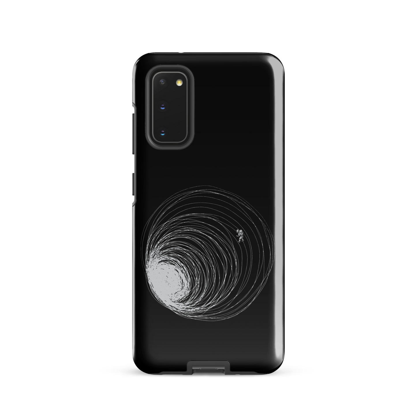 A big black hole with an astronaut floating around as if being sucked into it. A minimalist art perfect for those who love space.