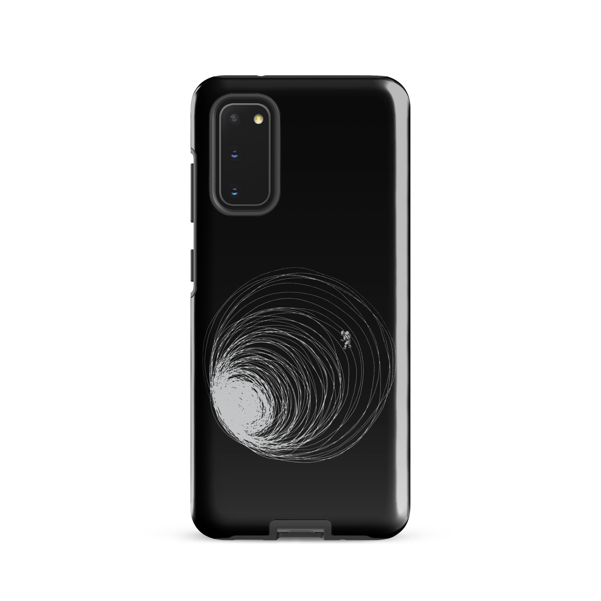 A big black hole with an astronaut floating around as if being sucked into it. A minimalist art perfect for those who love space.