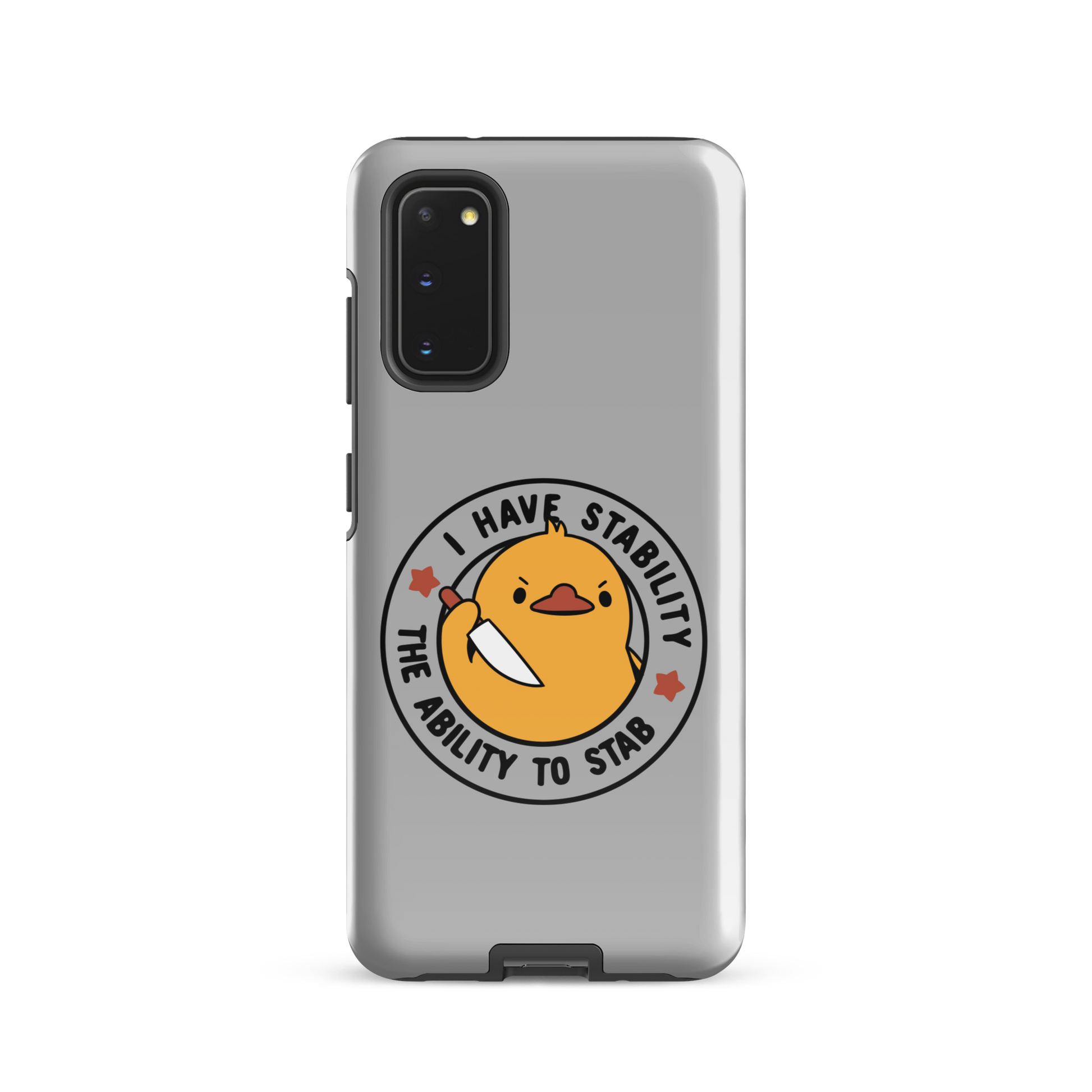 A cute duckling holding a knife with an angry face. Wrapped with a funny phrase that says "I Have Stability The Ability To Stab". This is an art that combines a famous internet meme about duck temperament with a clever pun. The perfect gift for people who like smart humor.