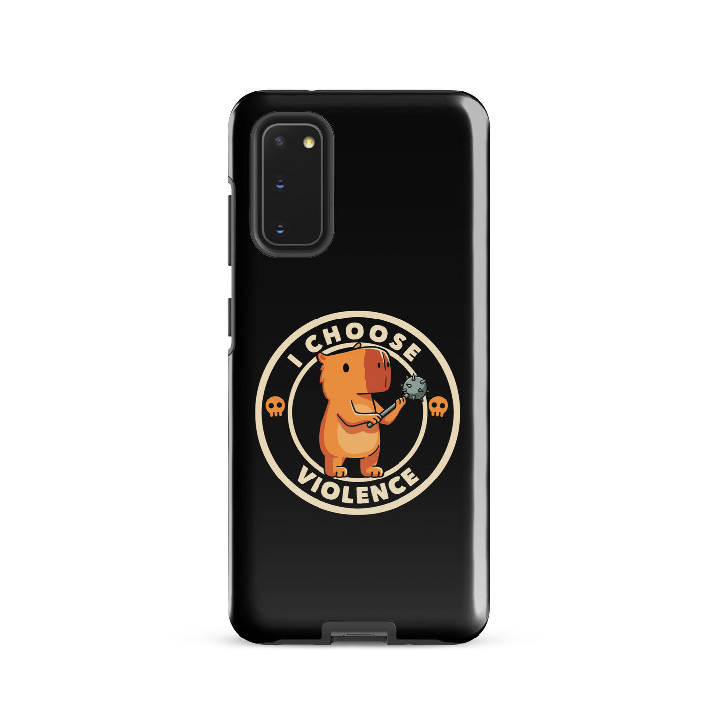 A cute, cartoonish burnt yellow capybara stands holding a spiked mace with a determined expression. Surrounding it is a circular design with the text 'I CHOOSE VIOLENCE' and two small skulls on either side, giving it a humorous yet ironic tone.
