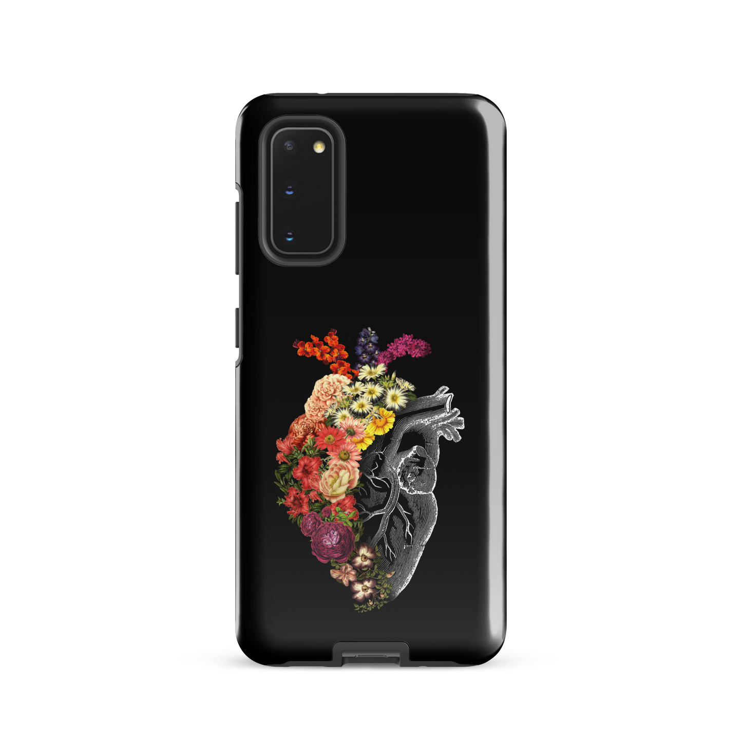 The design is an intricate and anatomical drawing of a human heart on a black background. The left side of the heart morphs into a vibrant assortment of colorful flowers, including roses, daisies, and other blooming blossoms, creating a striking contrast between the realistic and the surreal, symbolizing the harmony between nature and humanity.