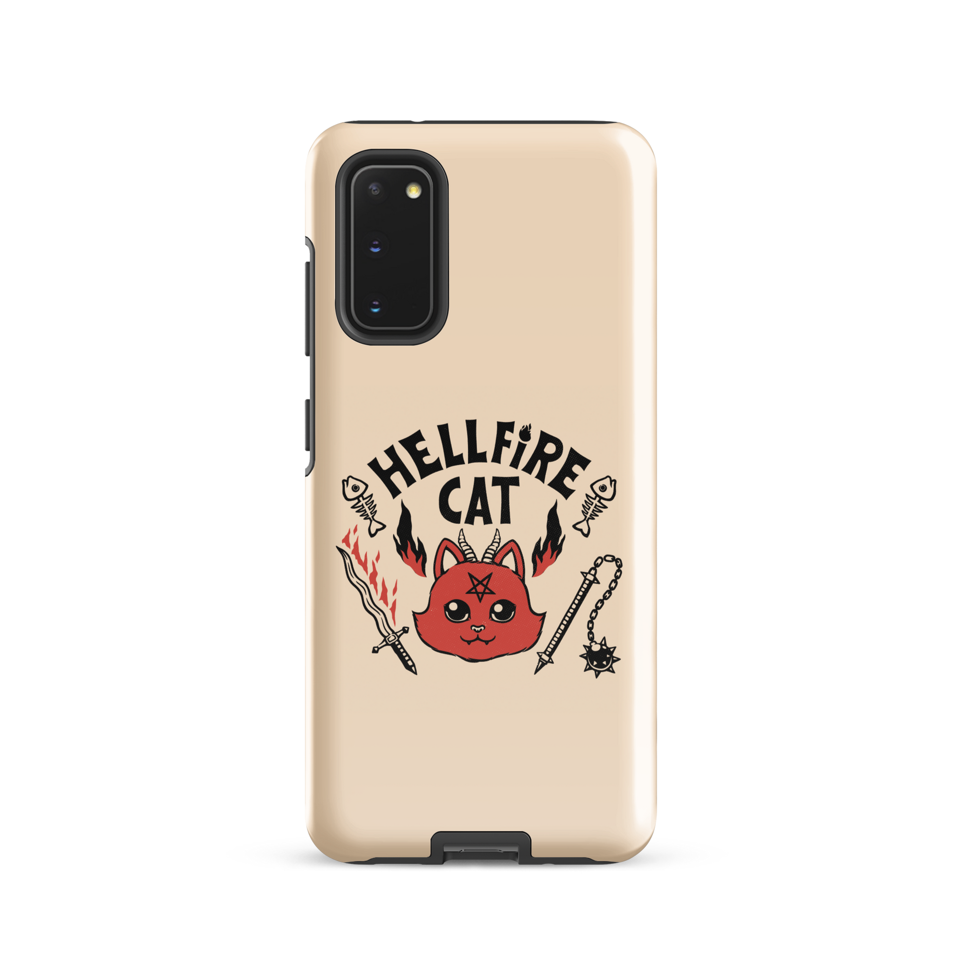 Vintage-style illustration of a cute red devil cat with small horns and a pentagram on its forehead, surrounded by flames, weapons, fish skeletons, and the bold phrase “Hellfire Cat” in a playful gothic design.