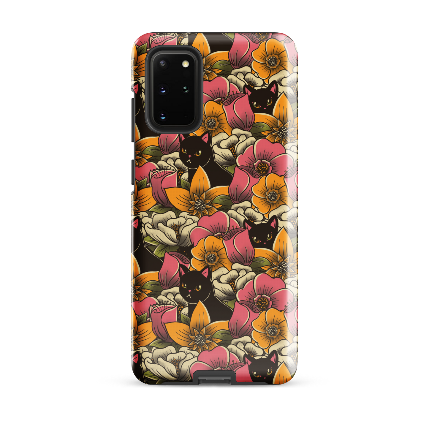 The image features a repeating pattern of colorful flowers in pink, yellow, and cream hues with lush green foliage. Interspersed among the flowers are playful black cats with bright eyes. The design has a whimsical and vibrant feel, ideal for various products like t-shirts, stickers, coffee cups, and skateboards. The style is reminiscent of traditional floral art blended with playful elements of animal decor.