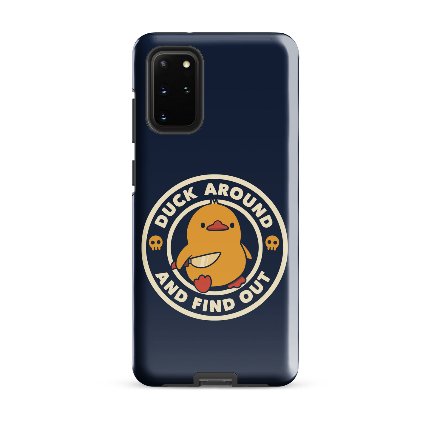 A cute yellow duck holding a small knife, around it the text "Duck Around And Find Out". An art that mixes humor with the temperament of ducks.