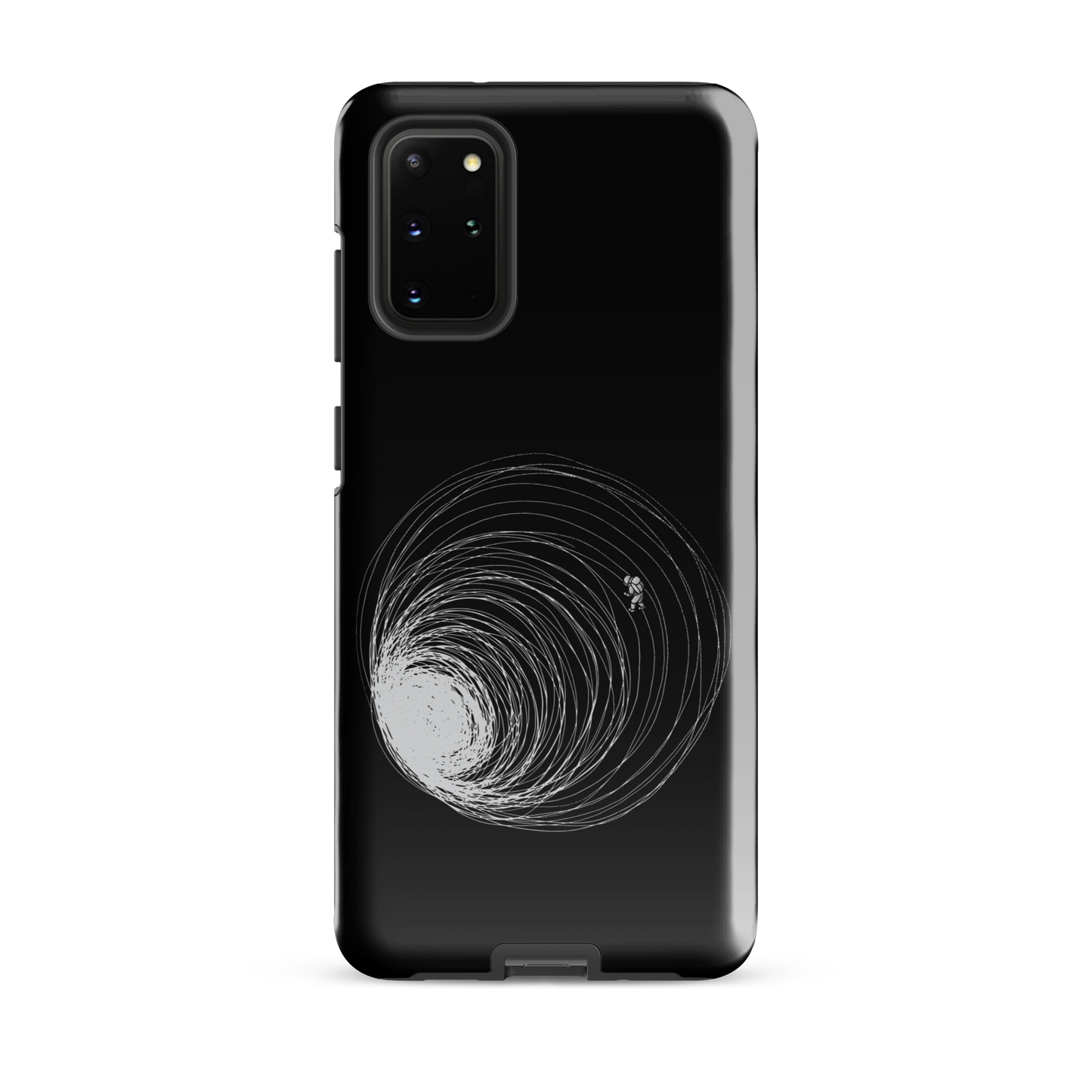 A big black hole with an astronaut floating around as if being sucked into it. A minimalist art perfect for those who love space.