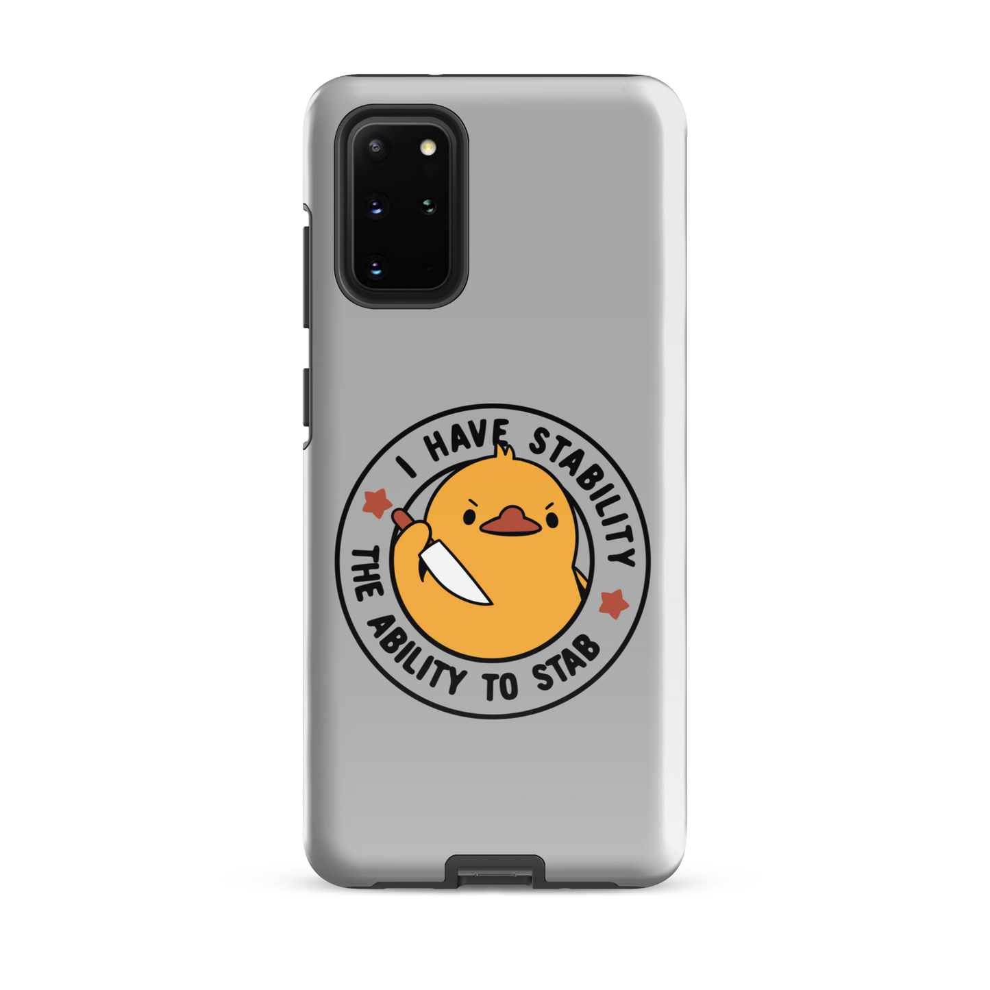 A cute duckling holding a knife with an angry face. Wrapped with a funny phrase that says "I Have Stability The Ability To Stab". This is an art that combines a famous internet meme about duck temperament with a clever pun. The perfect gift for people who like smart humor.