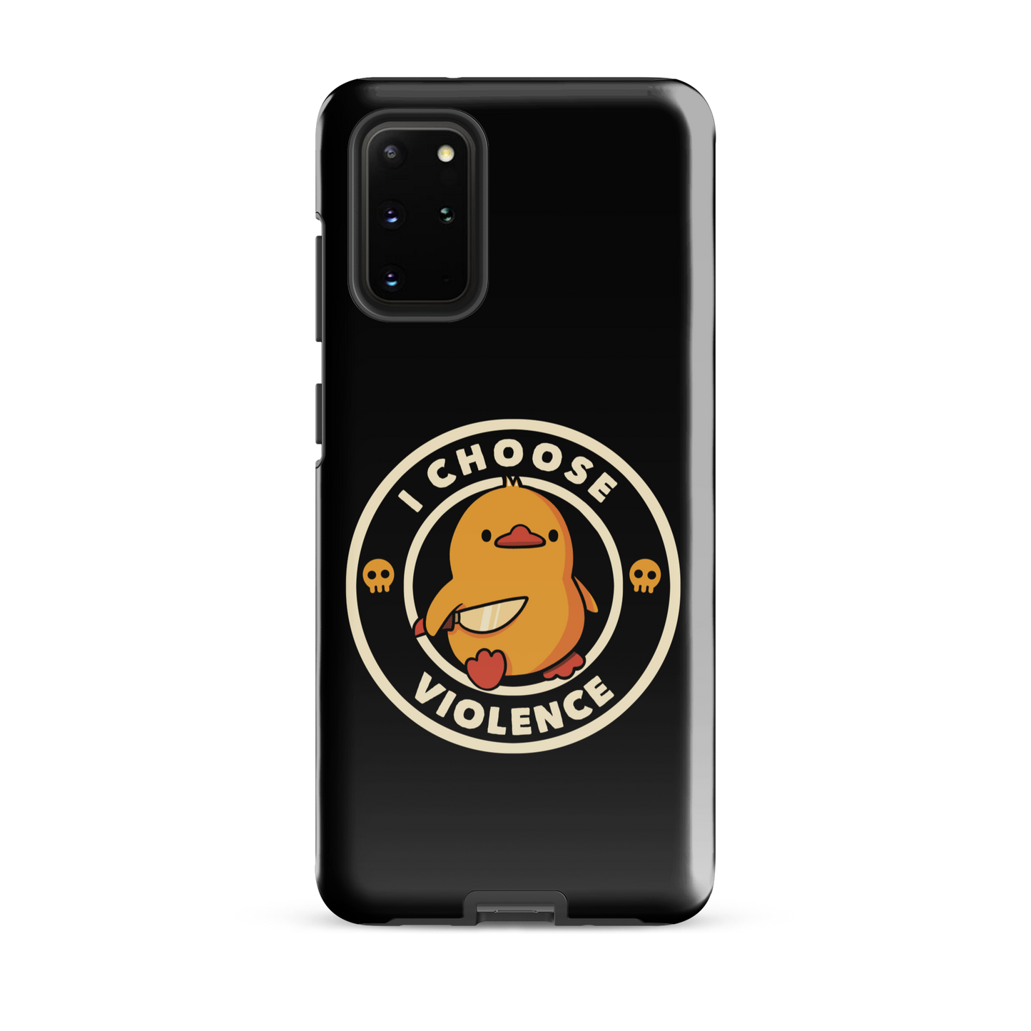 A cute, cartoon-style yellow duckling stands confidently holding a large knife in its wing. The duckling is encircled by text saying 'I CHOOSE VIOLENCE' in bold white letters. Small skull symbols flank the chick on either side, adding a touch of humor and irony to the otherwise adorable drawing.