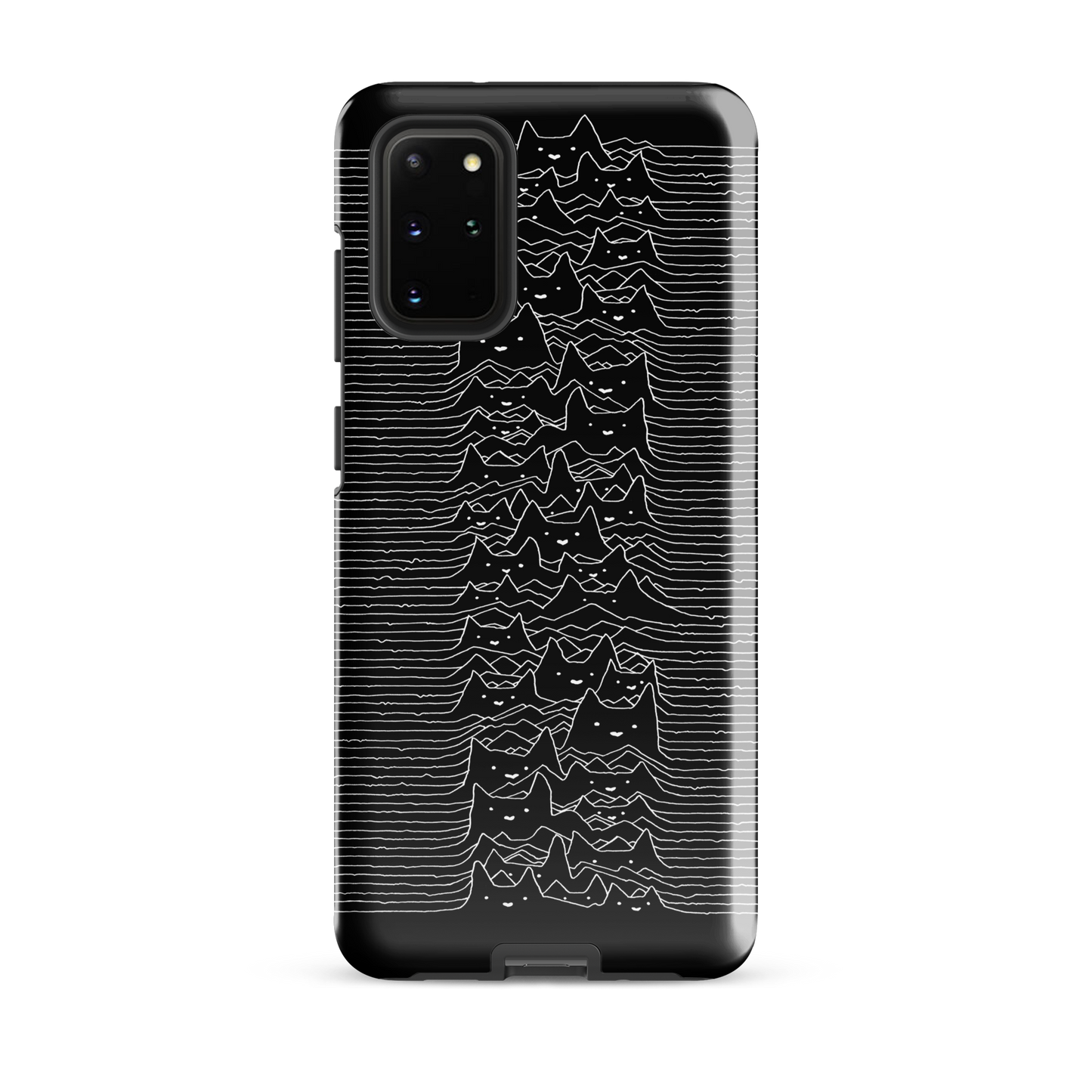 The drawing is a series of continuous wavy lines forming a pattern reminiscent of sound waves or topographic maps, but with an unexpected twist: the lines create the shapes of numerous cat faces stacked vertically. Each cat has simple, expressive features with pointed ears, adding a whimsical element to the otherwise structured pattern.