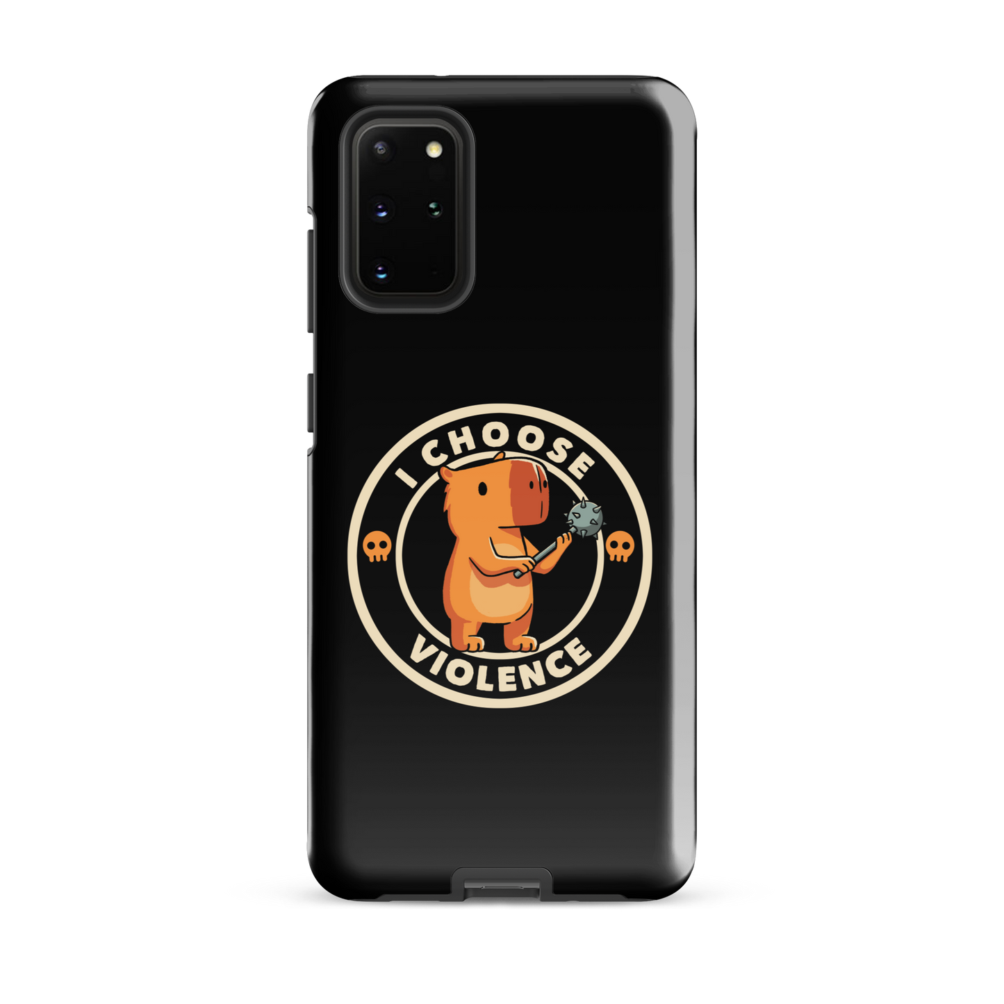 A cute, cartoonish burnt yellow capybara stands holding a spiked mace with a determined expression. Surrounding it is a circular design with the text 'I CHOOSE VIOLENCE' and two small skulls on either side, giving it a humorous yet ironic tone.