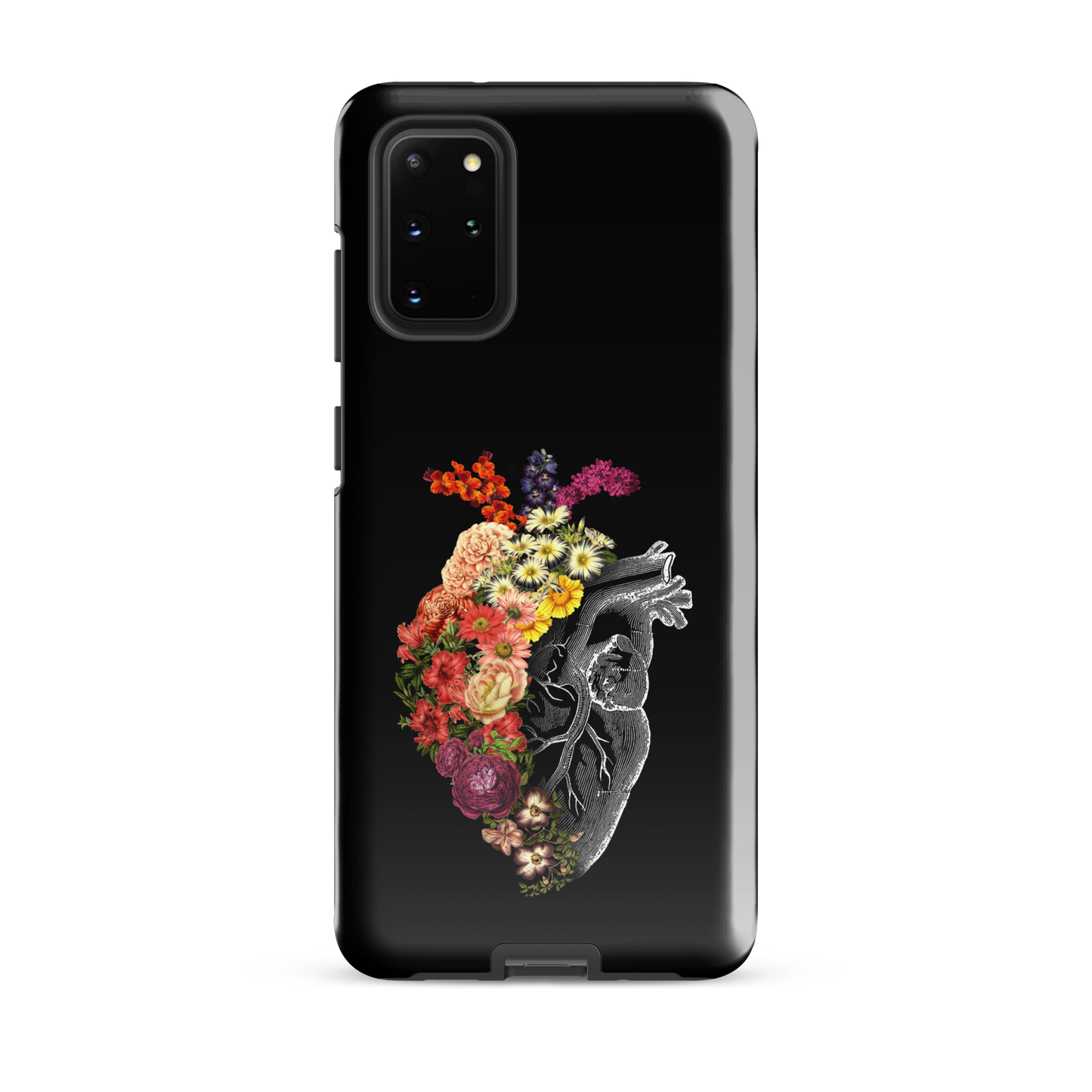 The design is an intricate and anatomical drawing of a human heart on a black background. The left side of the heart morphs into a vibrant assortment of colorful flowers, including roses, daisies, and other blooming blossoms, creating a striking contrast between the realistic and the surreal, symbolizing the harmony between nature and humanity.