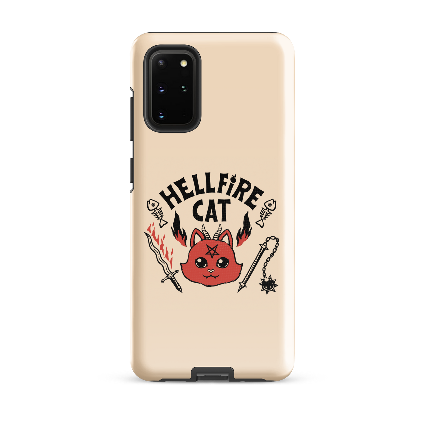 Vintage-style illustration of a cute red devil cat with small horns and a pentagram on its forehead, surrounded by flames, weapons, fish skeletons, and the bold phrase “Hellfire Cat” in a playful gothic design.