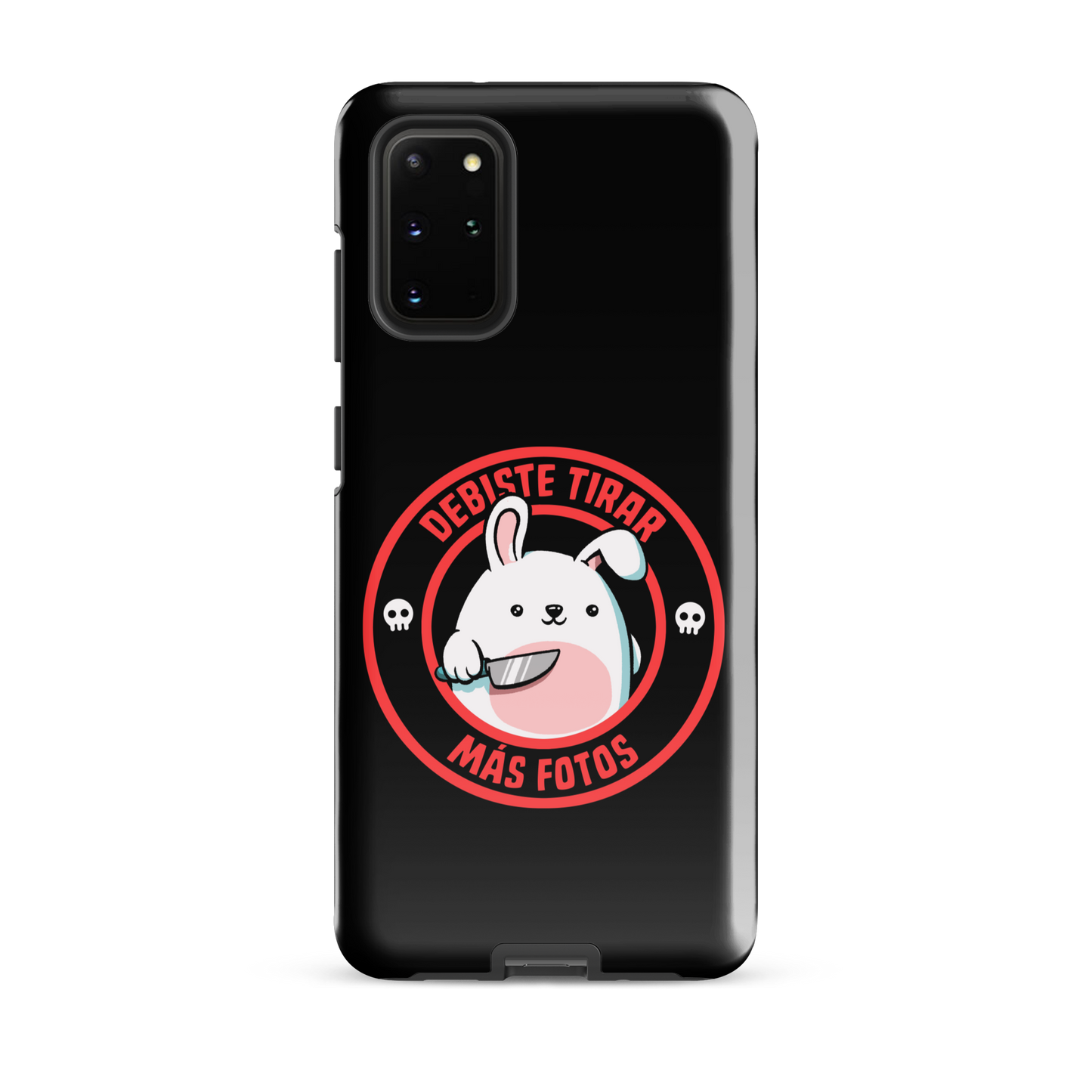 A cute white cartoon bunny with a pink belly stands holding a large kitchen knife in one paw. Surrounding the bunny is a red circular border with the words 'DEBISTE TIRAR MÁS FOTOS'. Small skull icons are on either side of the circle. The overall tone is a mix of adorable and ironic humor.