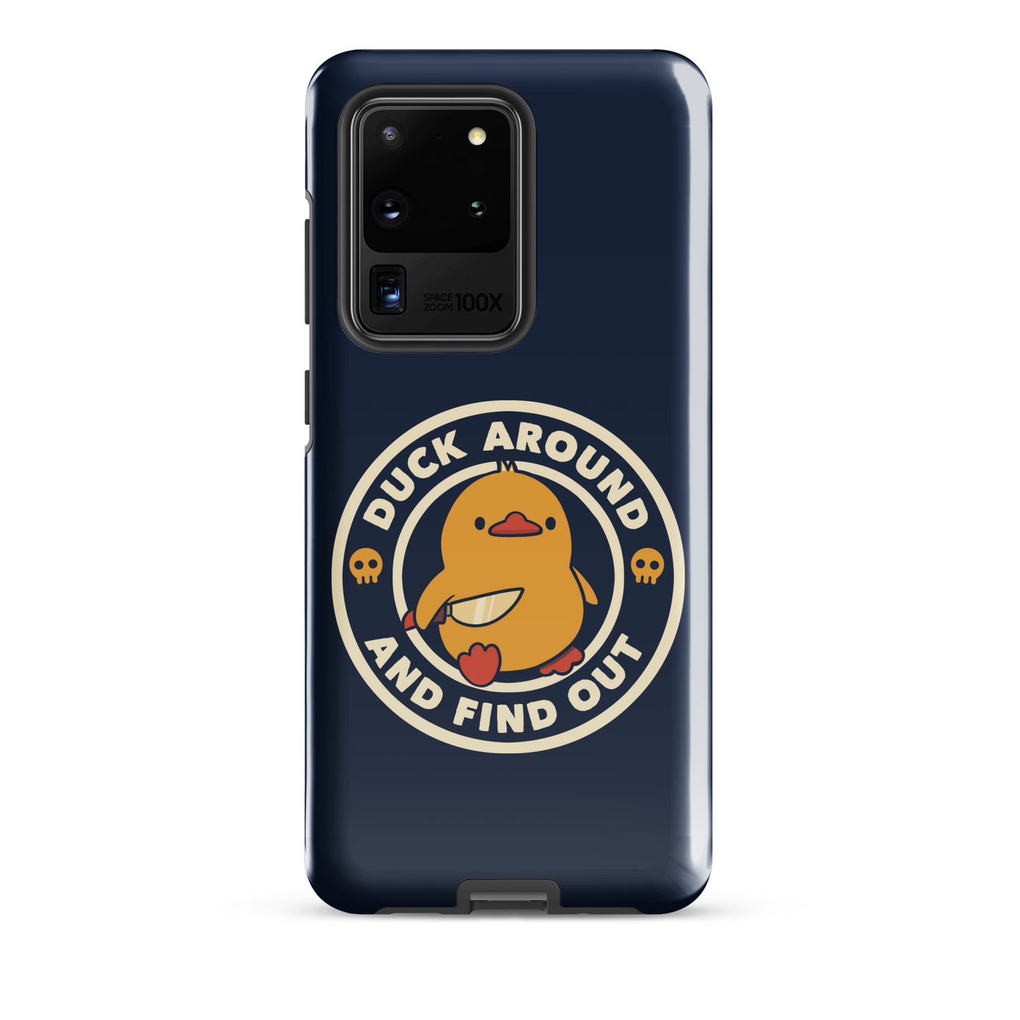 A cute yellow duck holding a small knife, around it the text "Duck Around And Find Out". An art that mixes humor with the temperament of ducks.