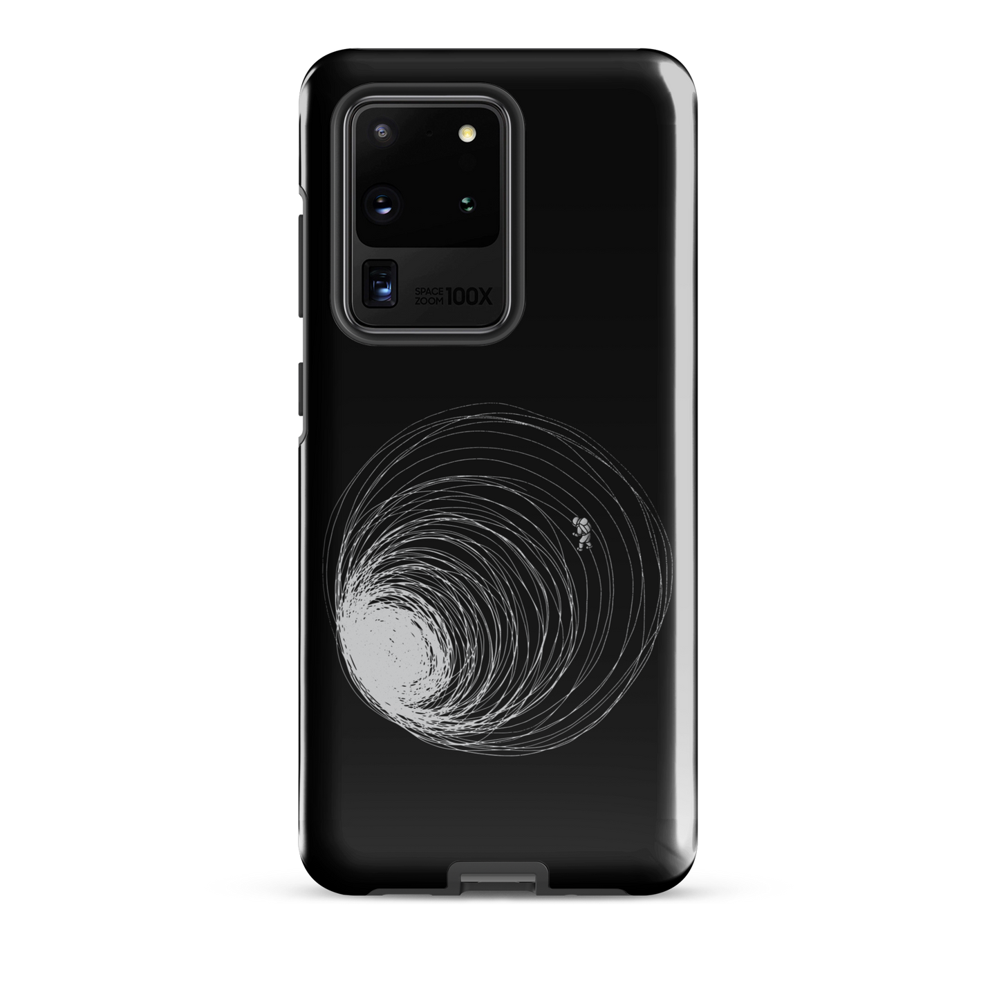 A big black hole with an astronaut floating around as if being sucked into it. A minimalist art perfect for those who love space.