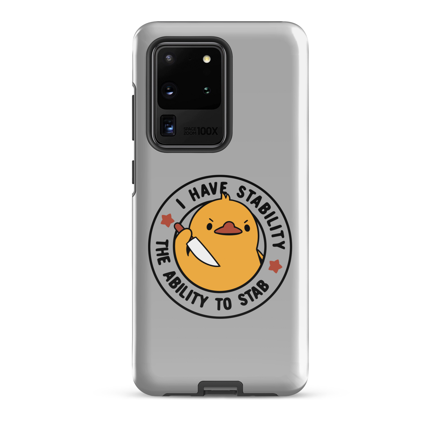 A cute duckling holding a knife with an angry face. Wrapped with a funny phrase that says "I Have Stability The Ability To Stab". This is an art that combines a famous internet meme about duck temperament with a clever pun. The perfect gift for people who like smart humor.