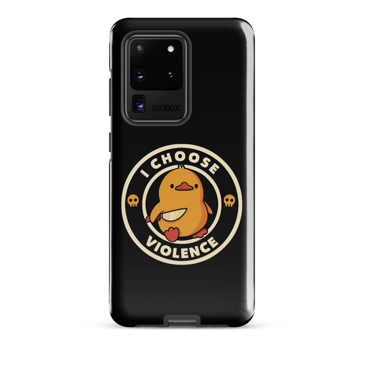 A cute, cartoon-style yellow duckling stands confidently holding a large knife in its wing. The duckling is encircled by text saying 'I CHOOSE VIOLENCE' in bold white letters. Small skull symbols flank the chick on either side, adding a touch of humor and irony to the otherwise adorable drawing.