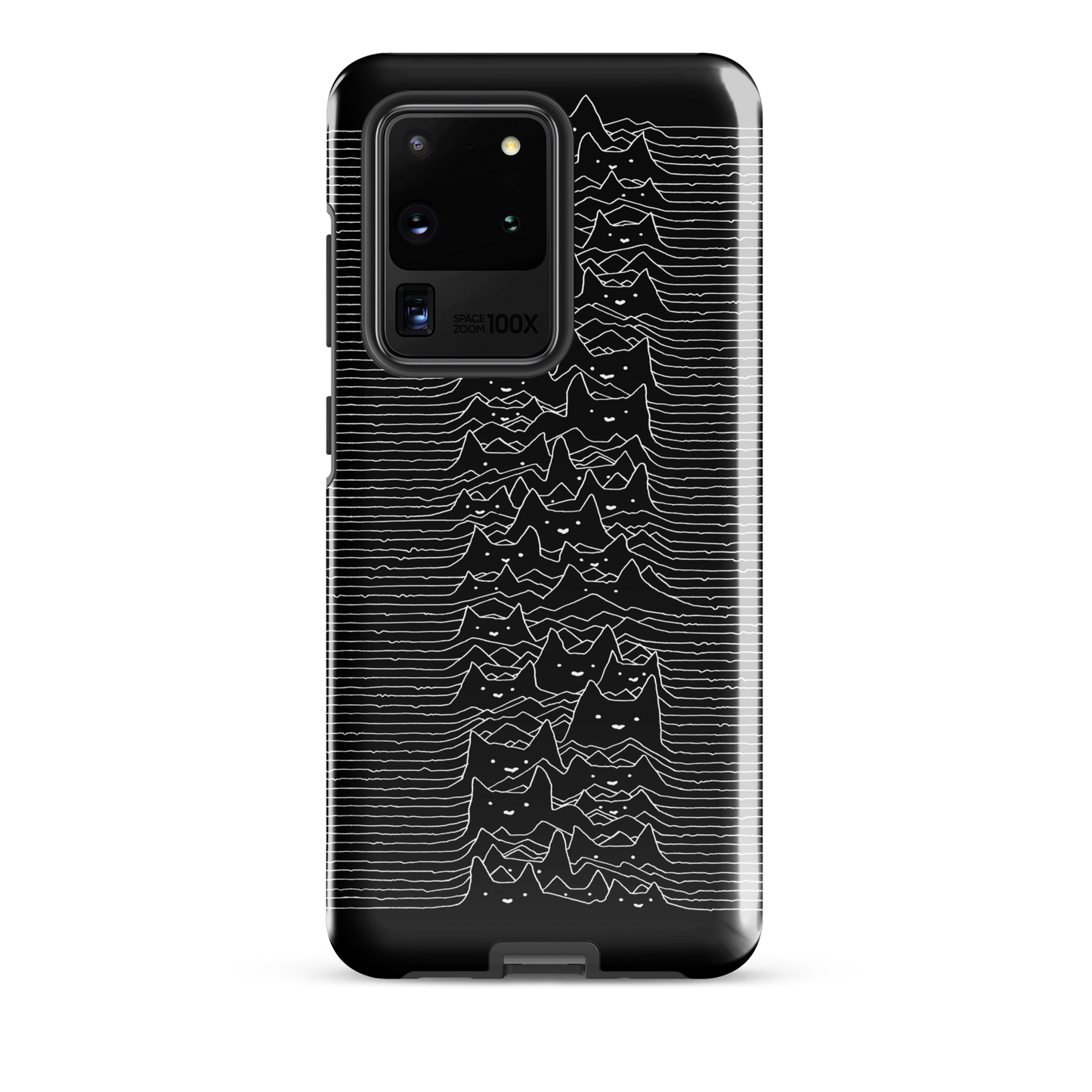 The drawing is a series of continuous wavy lines forming a pattern reminiscent of sound waves or topographic maps, but with an unexpected twist: the lines create the shapes of numerous cat faces stacked vertically. Each cat has simple, expressive features with pointed ears, adding a whimsical element to the otherwise structured pattern.