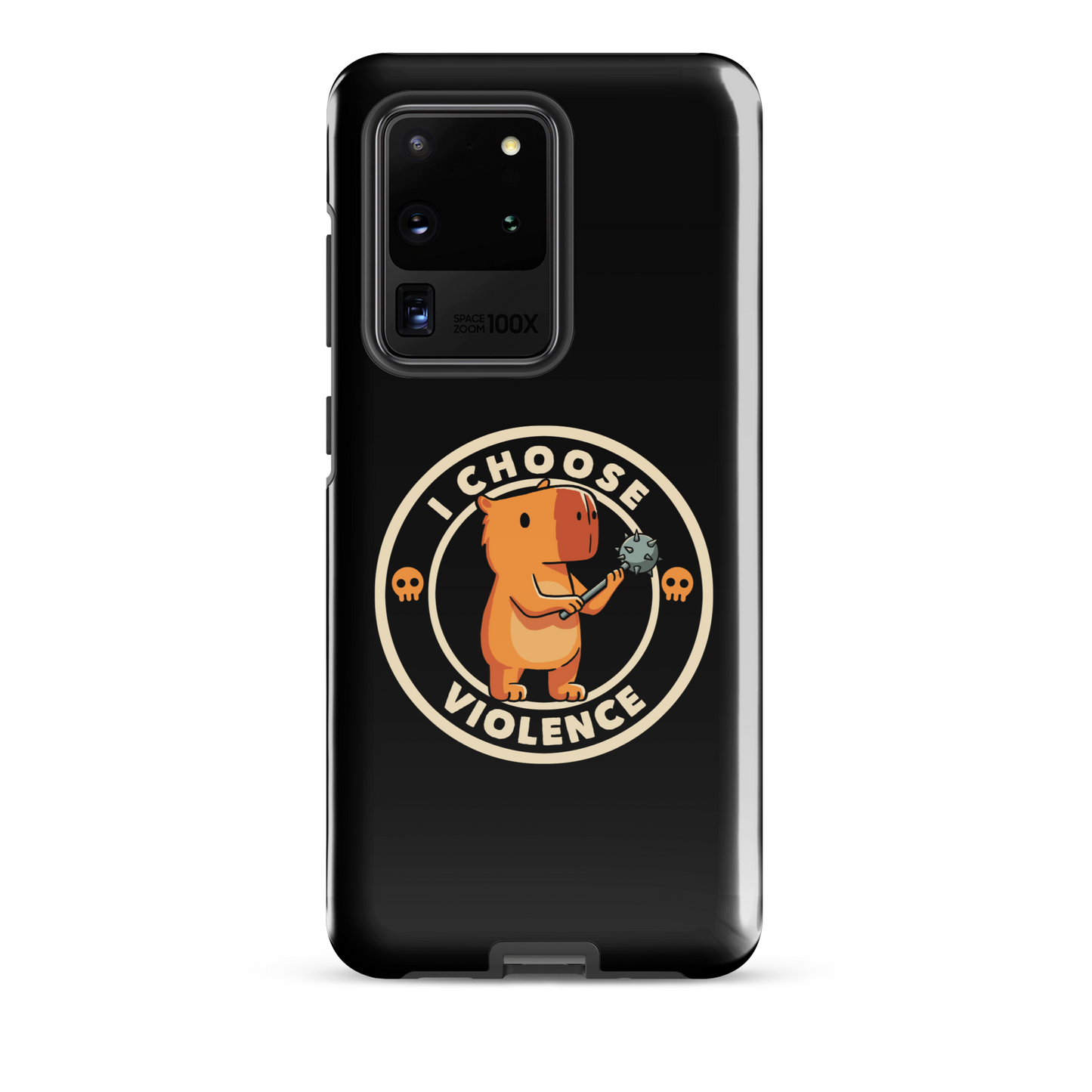 A cute, cartoonish burnt yellow capybara stands holding a spiked mace with a determined expression. Surrounding it is a circular design with the text 'I CHOOSE VIOLENCE' and two small skulls on either side, giving it a humorous yet ironic tone.