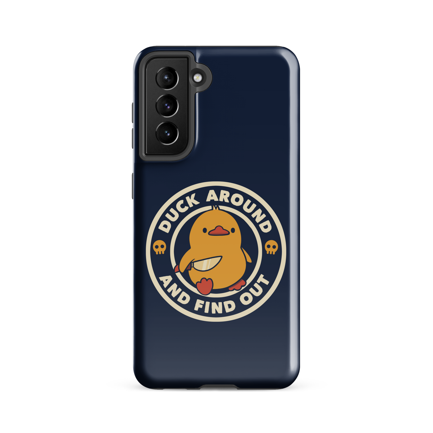 A cute yellow duck holding a small knife, around it the text "Duck Around And Find Out". An art that mixes humor with the temperament of ducks.