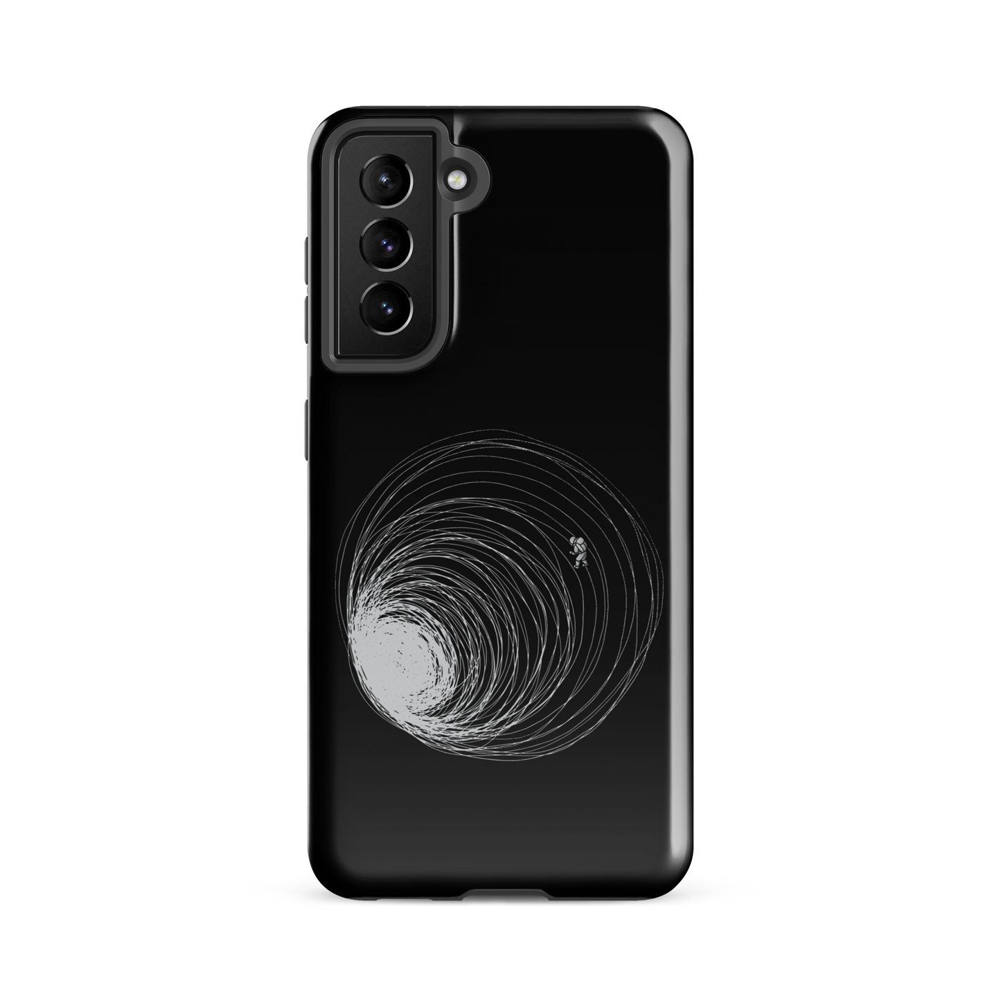 A big black hole with an astronaut floating around as if being sucked into it. A minimalist art perfect for those who love space.