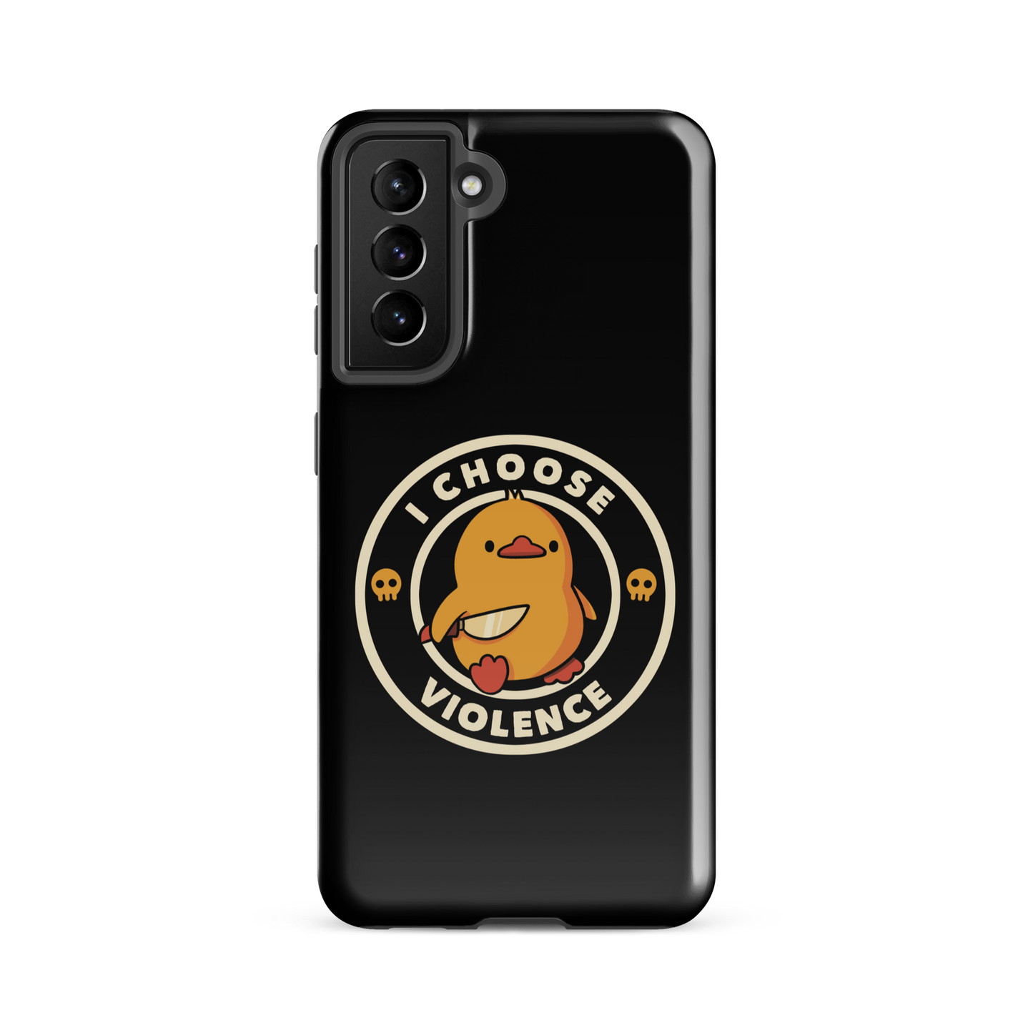 A cute, cartoon-style yellow duckling stands confidently holding a large knife in its wing. The duckling is encircled by text saying 'I CHOOSE VIOLENCE' in bold white letters. Small skull symbols flank the chick on either side, adding a touch of humor and irony to the otherwise adorable drawing.