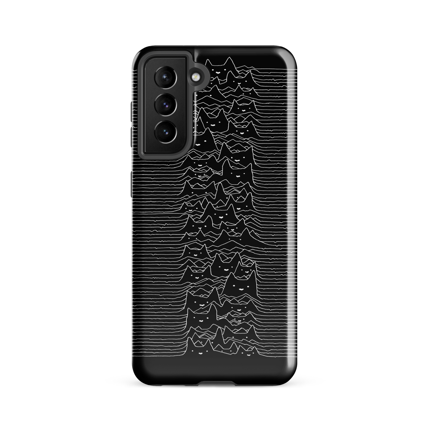 The drawing is a series of continuous wavy lines forming a pattern reminiscent of sound waves or topographic maps, but with an unexpected twist: the lines create the shapes of numerous cat faces stacked vertically. Each cat has simple, expressive features with pointed ears, adding a whimsical element to the otherwise structured pattern.