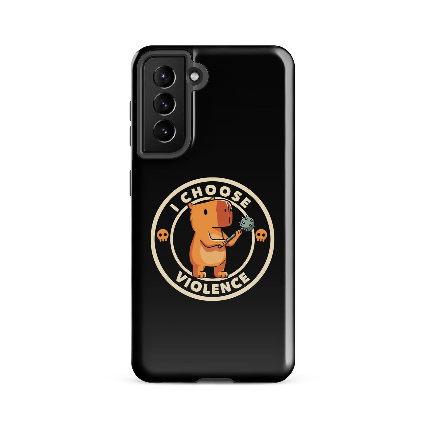 A cute, cartoonish burnt yellow capybara stands holding a spiked mace with a determined expression. Surrounding it is a circular design with the text 'I CHOOSE VIOLENCE' and two small skulls on either side, giving it a humorous yet ironic tone.