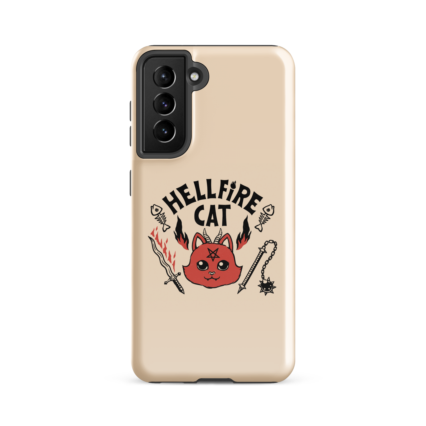 Vintage-style illustration of a cute red devil cat with small horns and a pentagram on its forehead, surrounded by flames, weapons, fish skeletons, and the bold phrase “Hellfire Cat” in a playful gothic design.