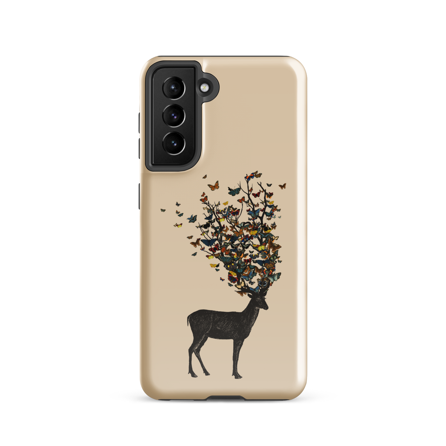 The image depicts a dark, silhouetted deer standing on a neutral background. Instead of branches, its antlers transform into a swirling cloud of vibrant, colorful butterflies that extend upwards and outward. The mix of organic and ethereal elements creates a captivating and whimsical visual contrast.