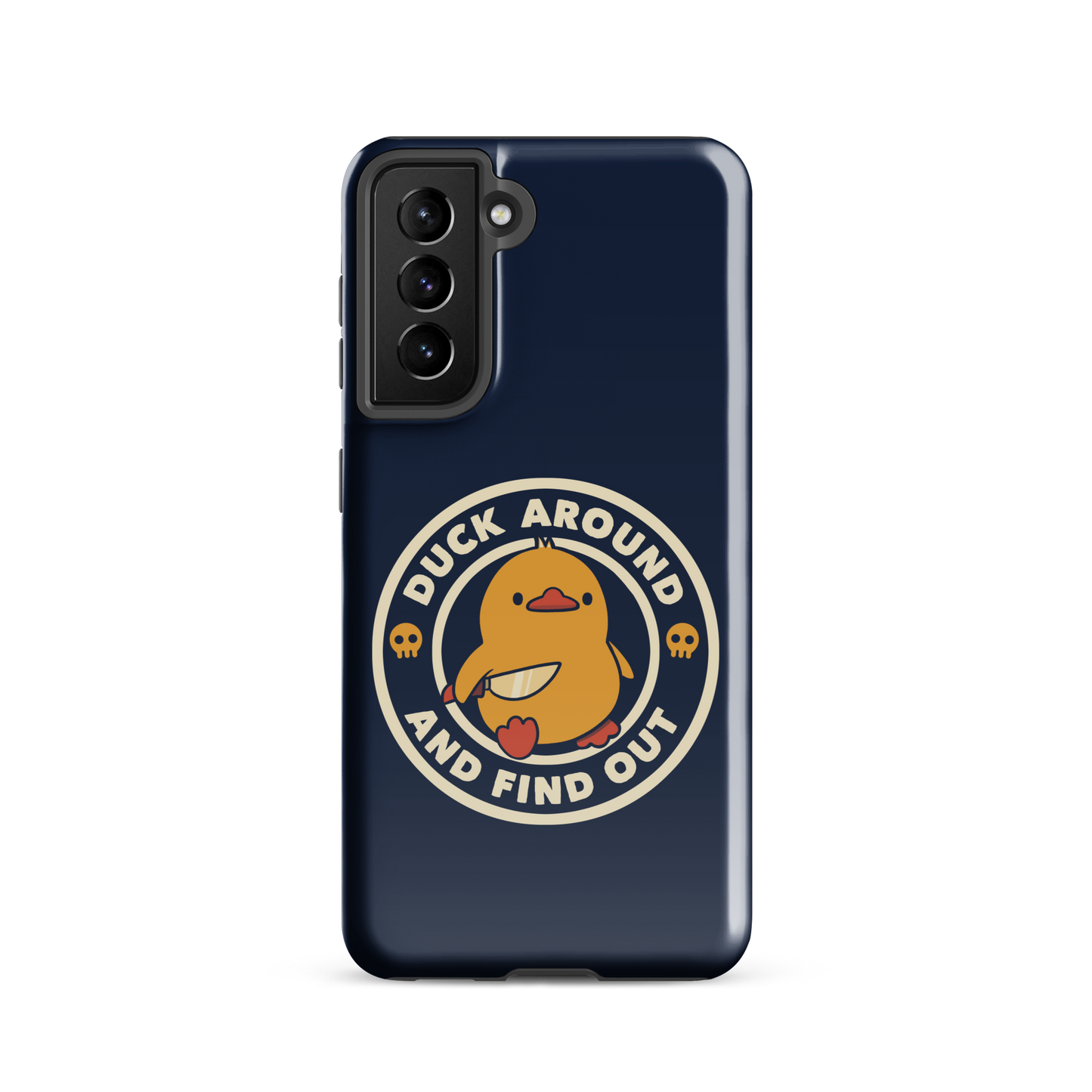 A cute yellow duck holding a small knife, around it the text "Duck Around And Find Out". An art that mixes humor with the temperament of ducks.