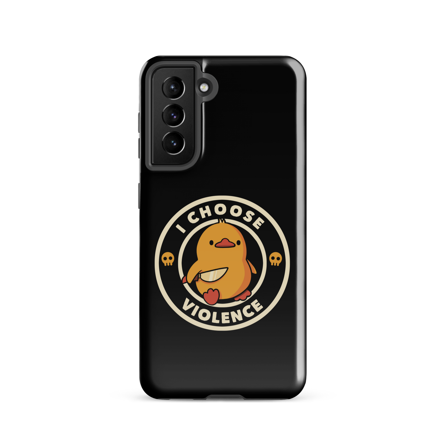 A cute, cartoon-style yellow duckling stands confidently holding a large knife in its wing. The duckling is encircled by text saying 'I CHOOSE VIOLENCE' in bold white letters. Small skull symbols flank the chick on either side, adding a touch of humor and irony to the otherwise adorable drawing.