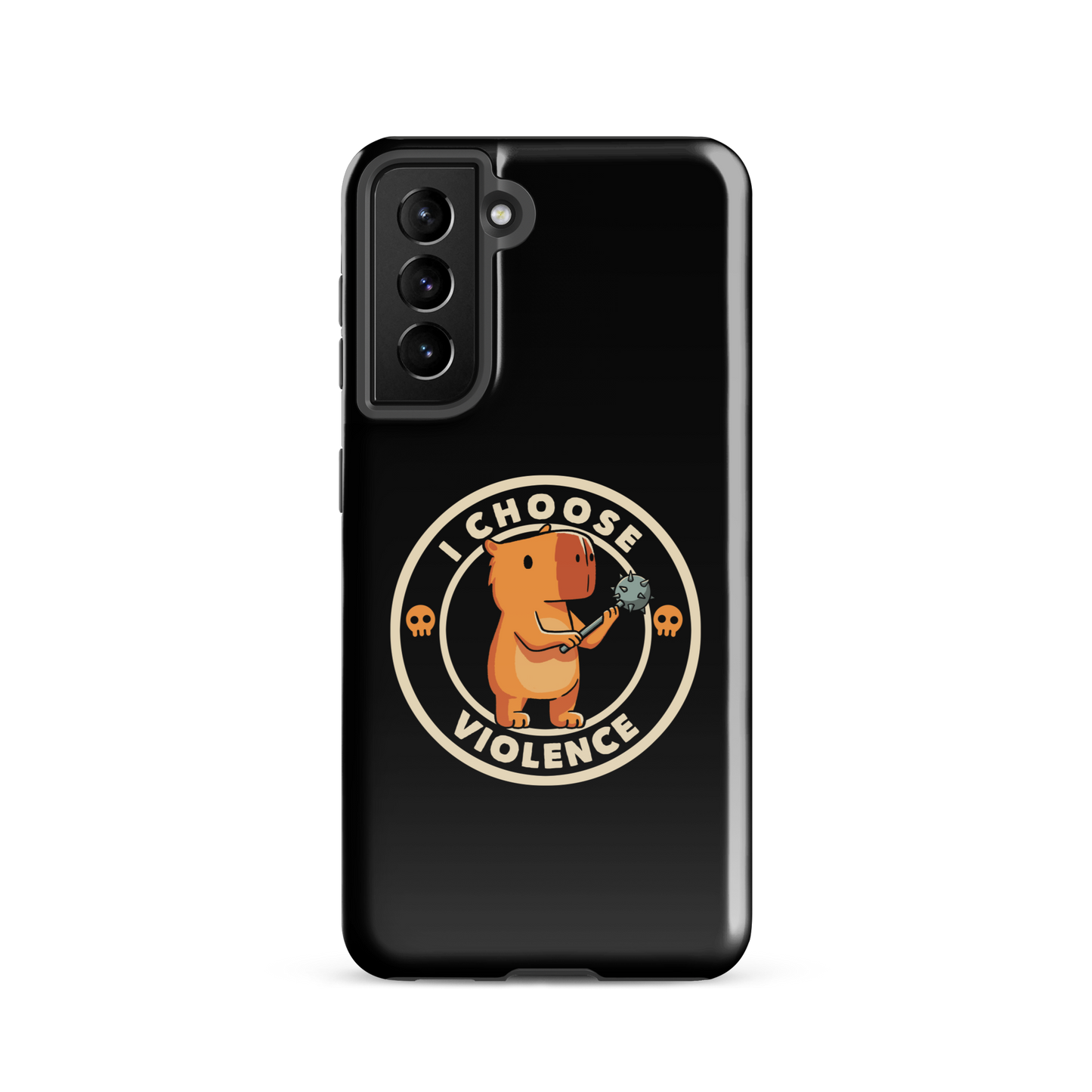 A cute, cartoonish burnt yellow capybara stands holding a spiked mace with a determined expression. Surrounding it is a circular design with the text 'I CHOOSE VIOLENCE' and two small skulls on either side, giving it a humorous yet ironic tone.